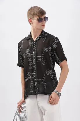 Black abstract linen embroidered half sleeve shirt