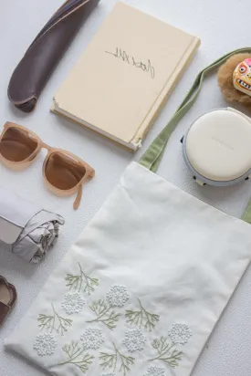 Custom Embroidered Tote Bag, Ivory Cotton-Linen with Mint Green Floral Design, Unique Handmade Gift for Her