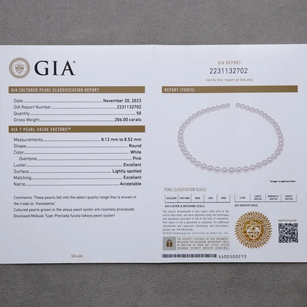 8.12-8.52 mm GIA Certified Hanadama Akoya Pearl Necklace