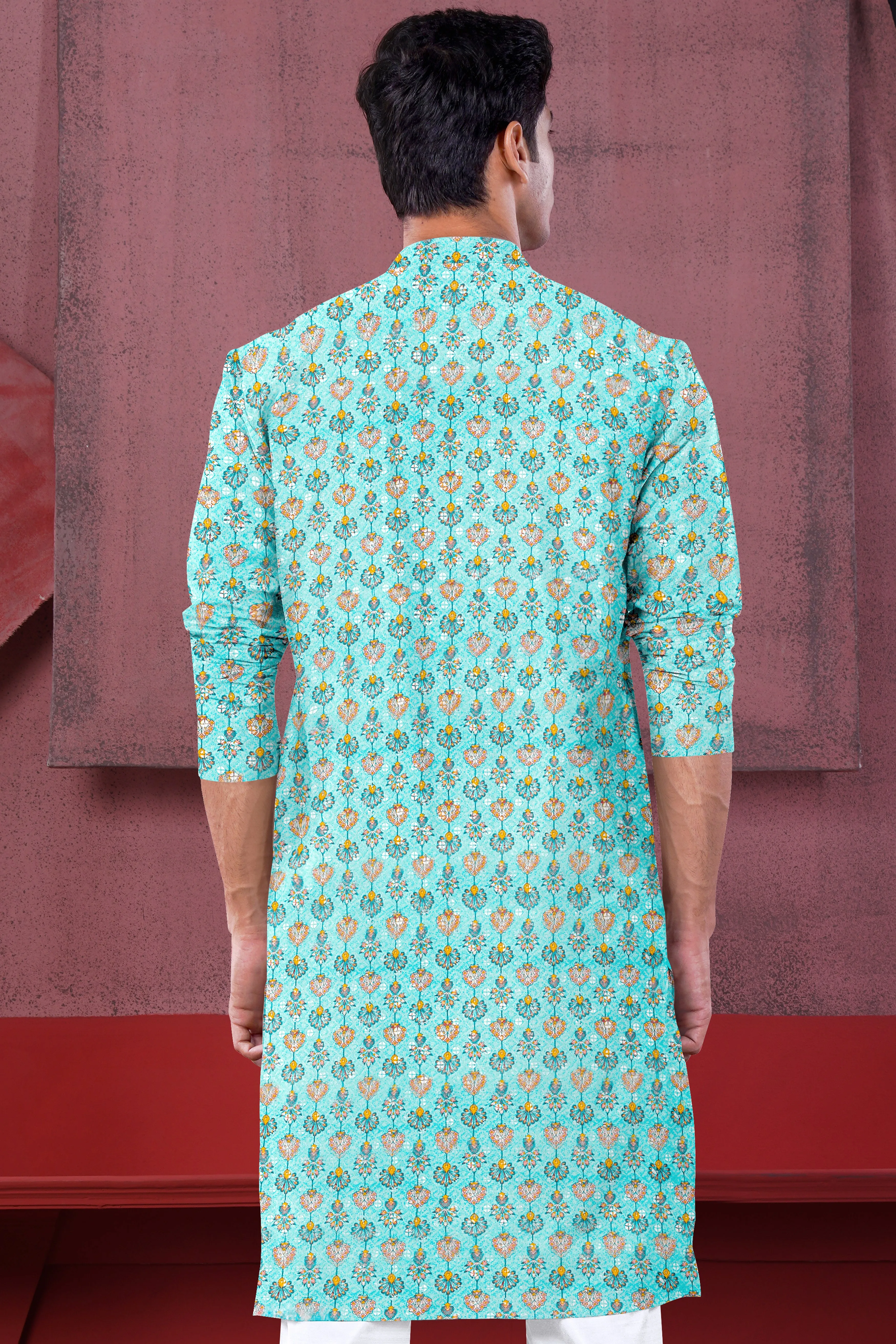 Aquamarine Blue And Tangerine Peach Designer Thread Embroidered Kurta