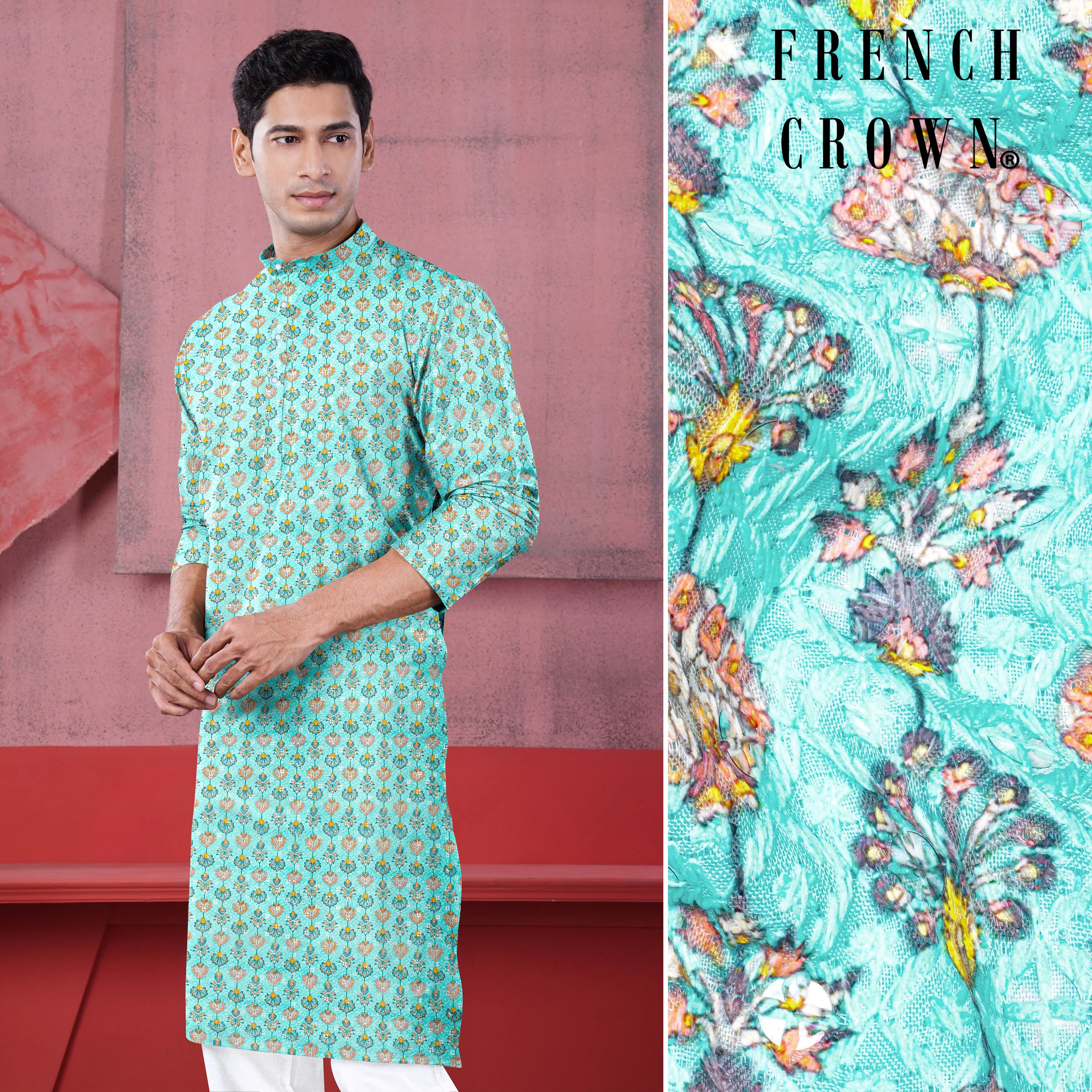 Aquamarine Blue And Tangerine Peach Designer Thread Embroidered Kurta