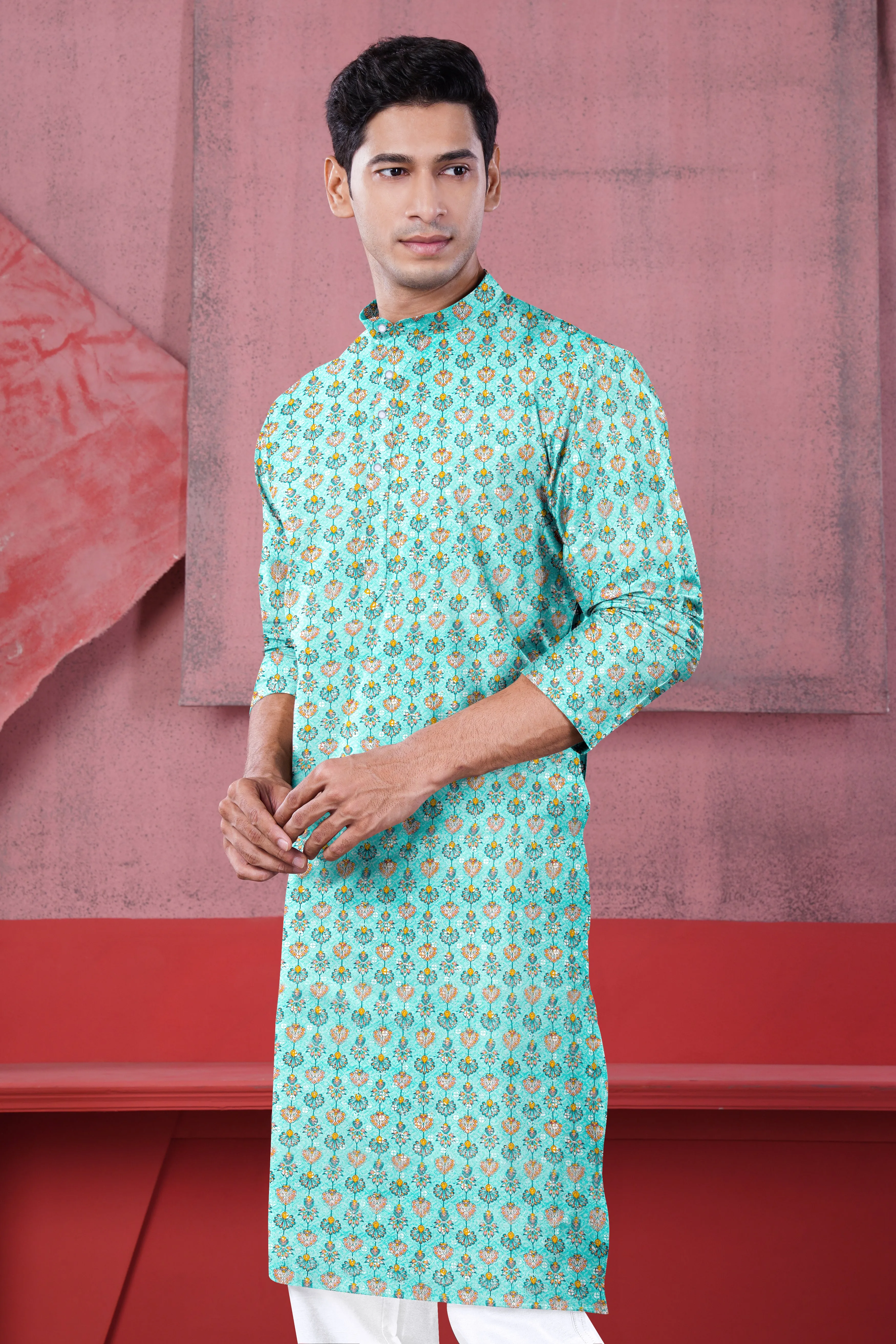 Aquamarine Blue And Tangerine Peach Designer Thread Embroidered Kurta