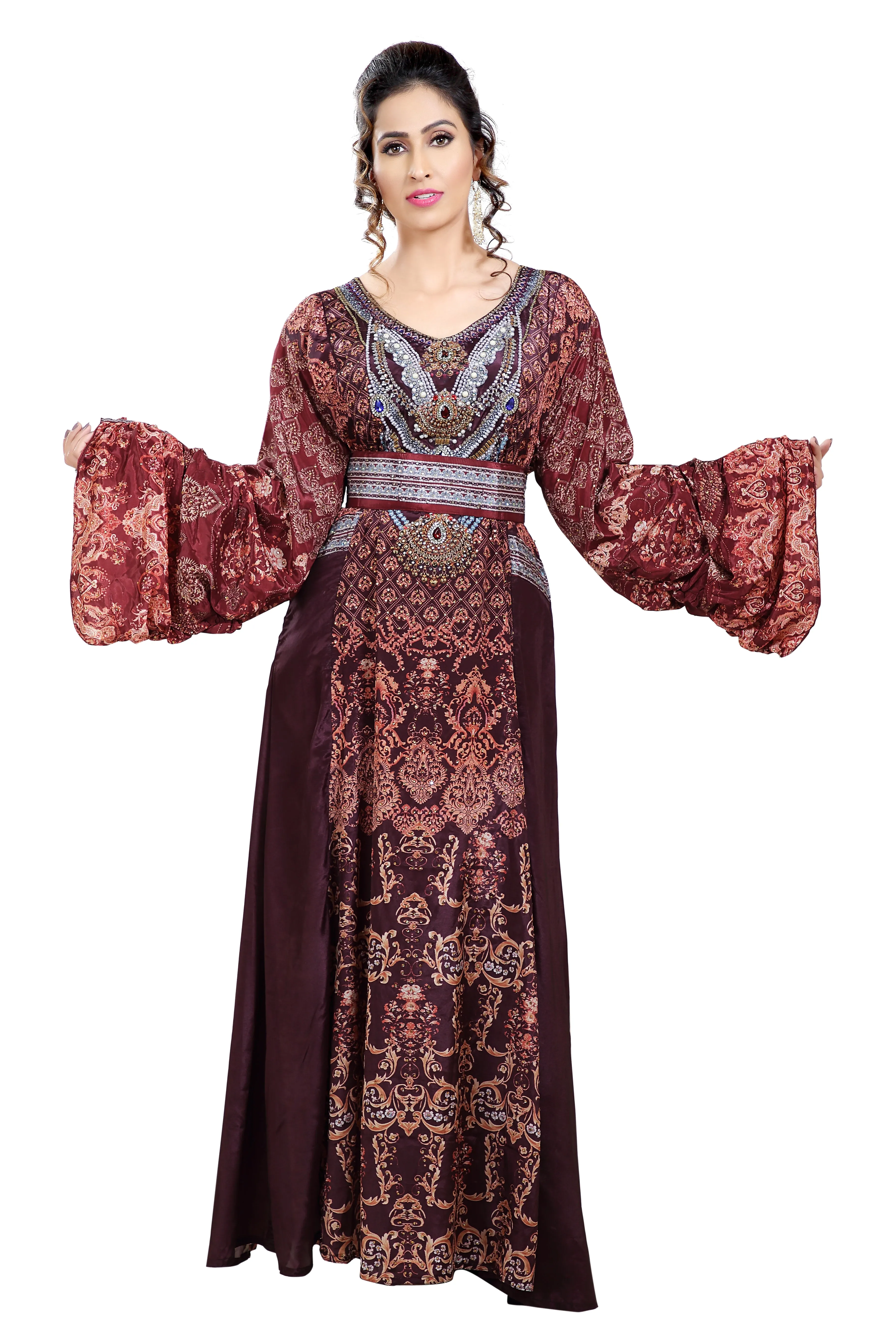 Arabian Dress With Mix Embroidered Digital Printed Kaftan