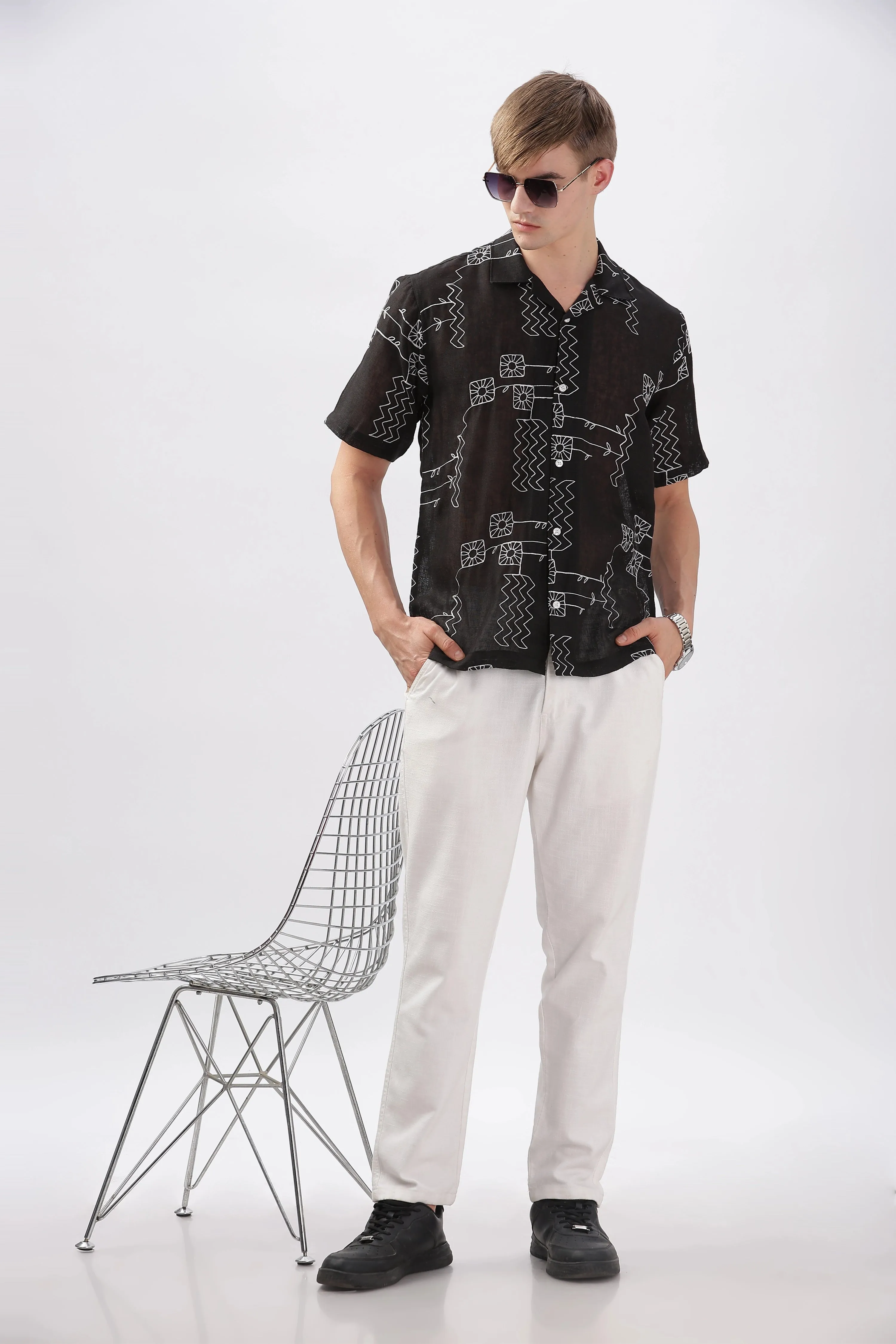 Black abstract linen embroidered half sleeve shirt