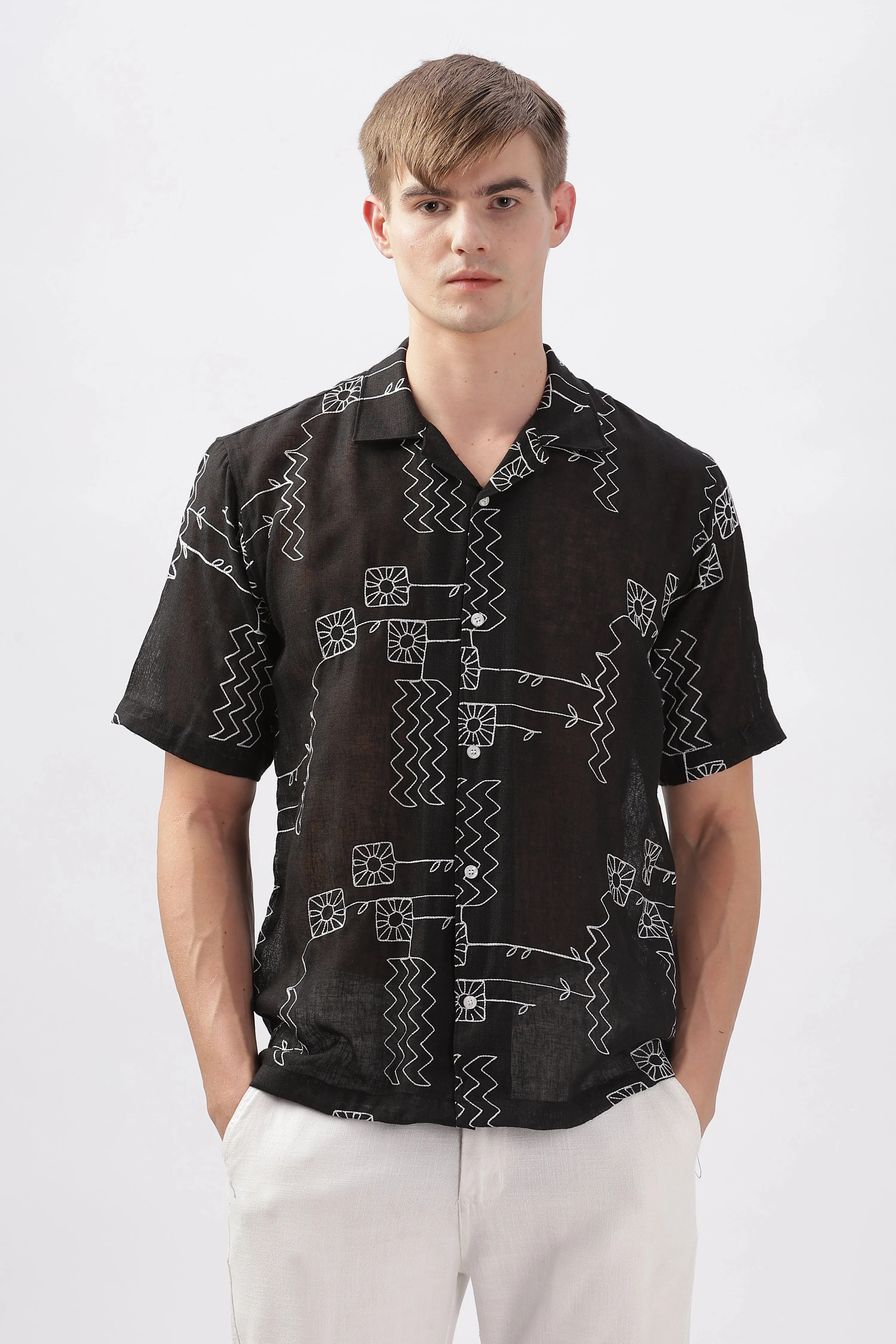 Black abstract linen embroidered half sleeve shirt