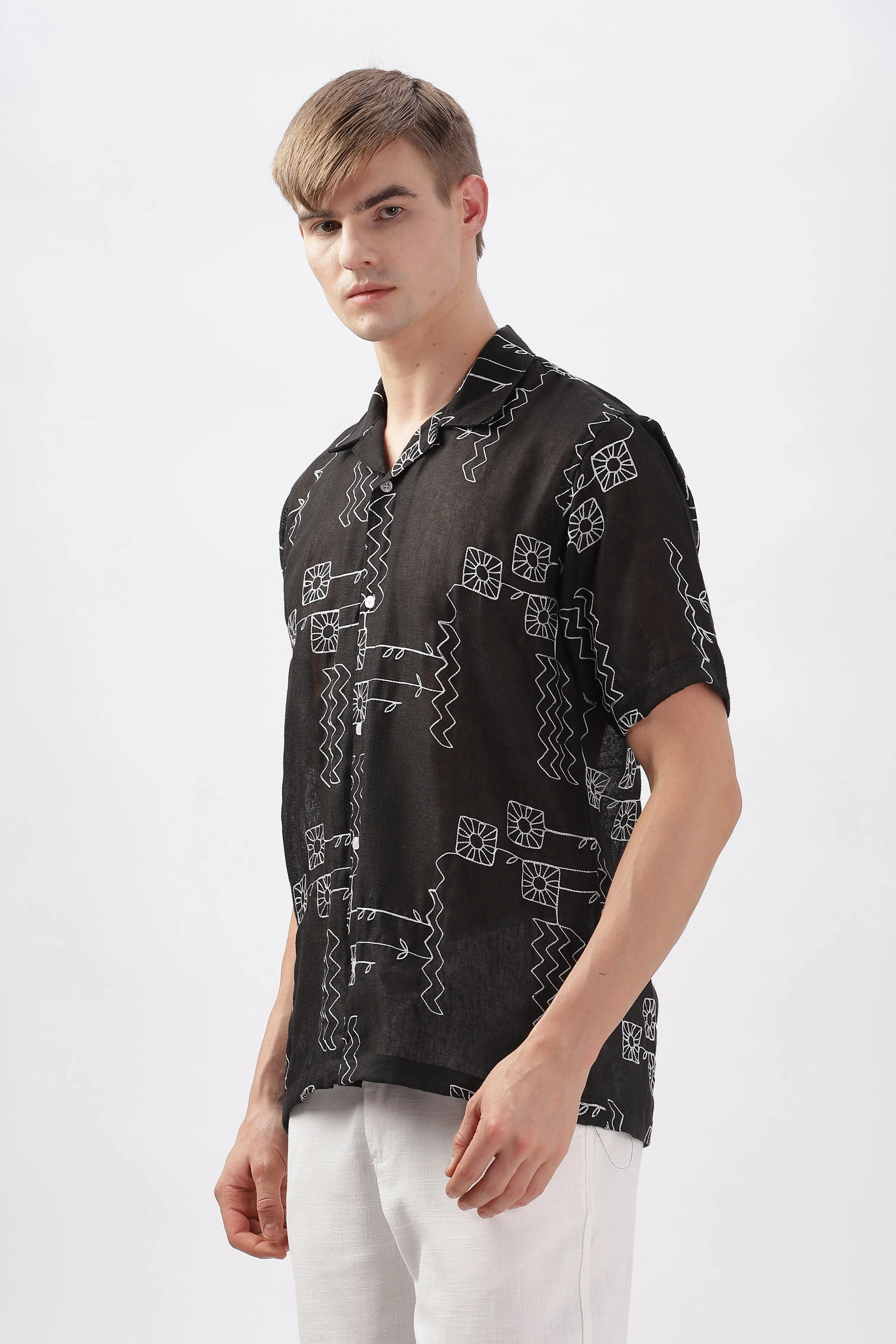 Black abstract linen embroidered half sleeve shirt