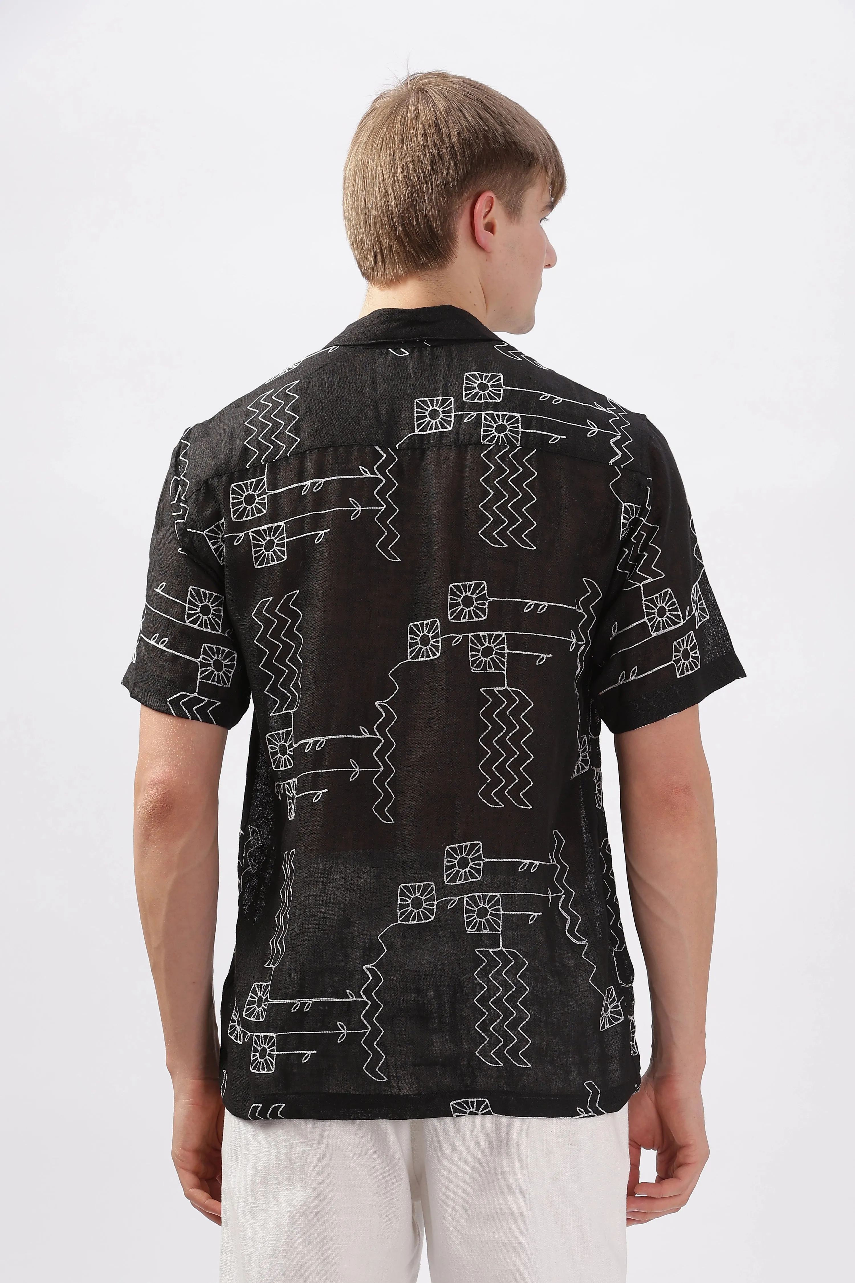 Black abstract linen embroidered half sleeve shirt