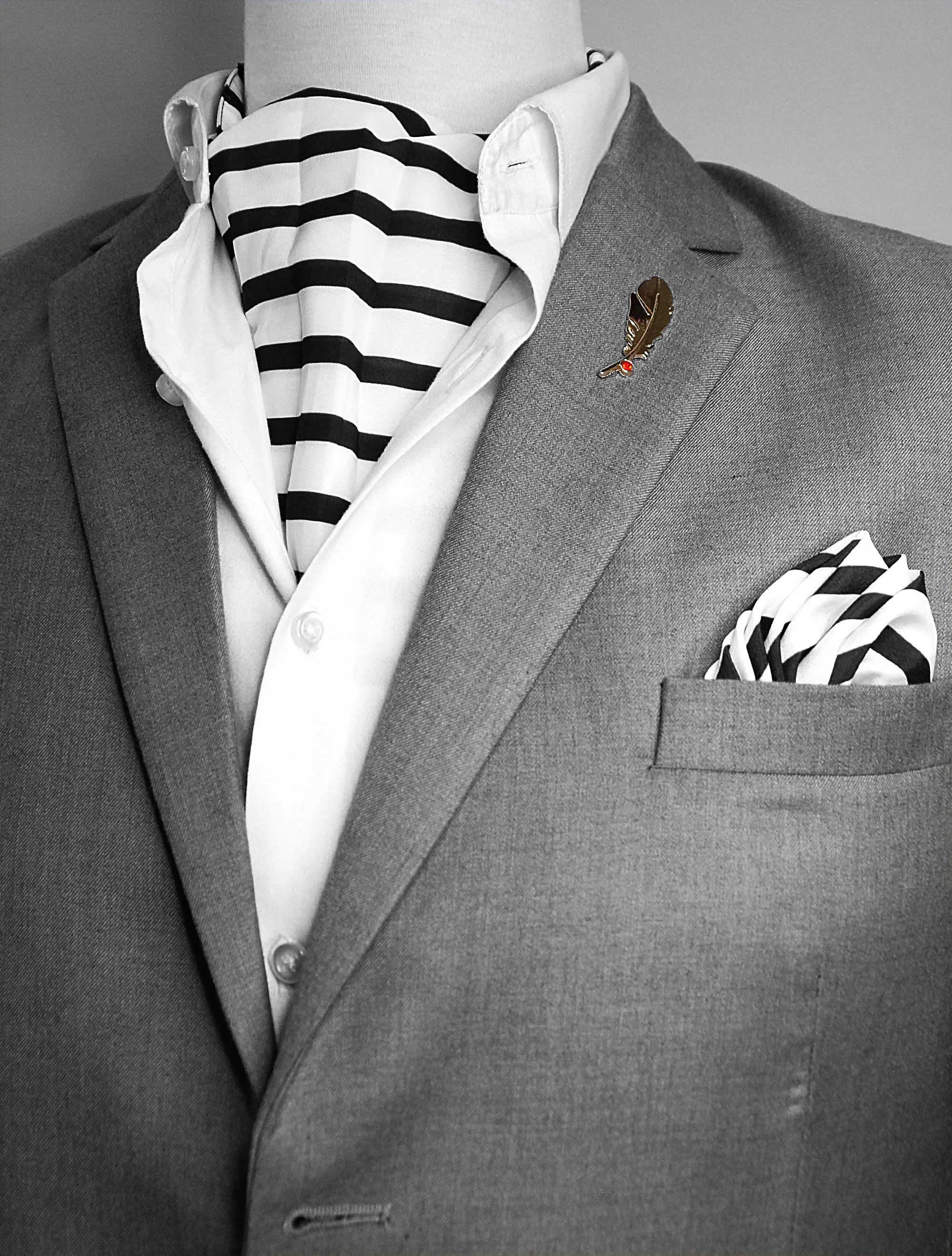 Black & White Stripes Silk Ascot Set