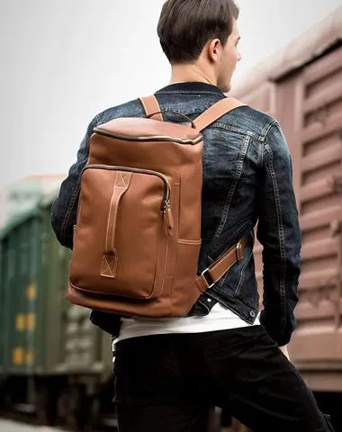 Black Fashion Mens Leather 15-inch Computer Barrel Backpack Brown Travel Bucket Backpacks School Backpacks for men