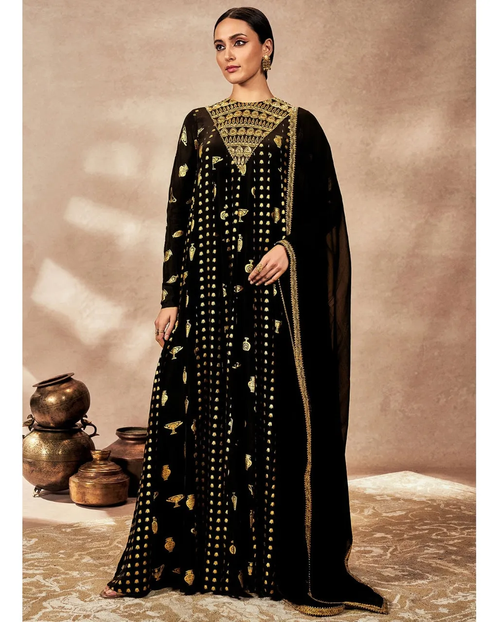 Black Gold Potters Touch Anarkali Set