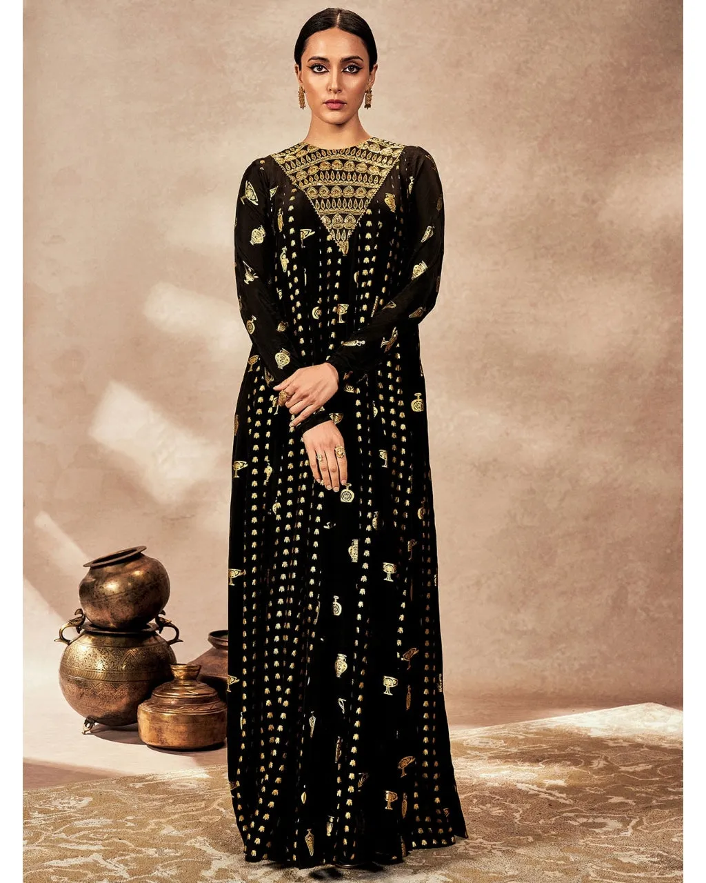 Black Gold Potters Touch Anarkali Set