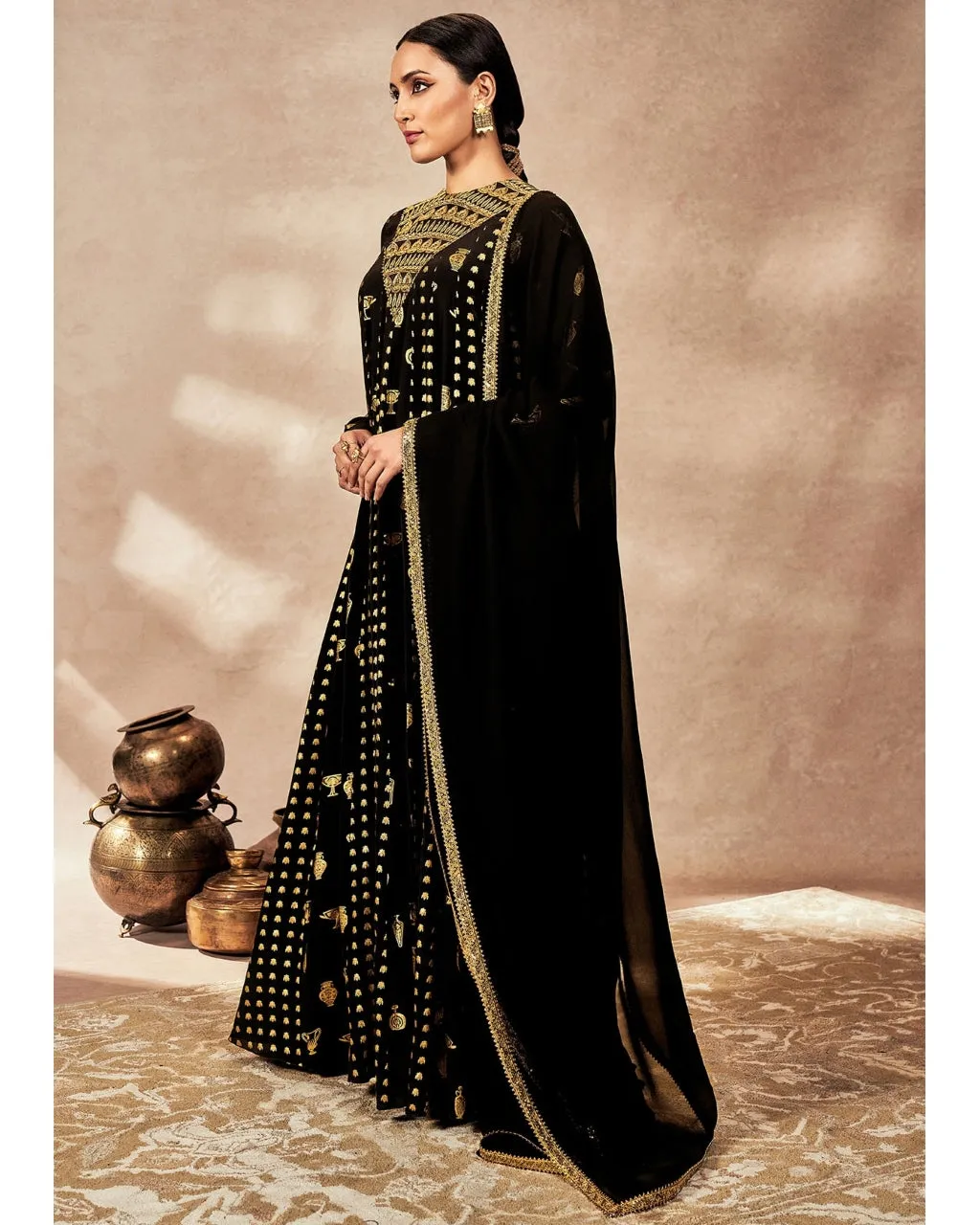 Black Gold Potters Touch Anarkali Set