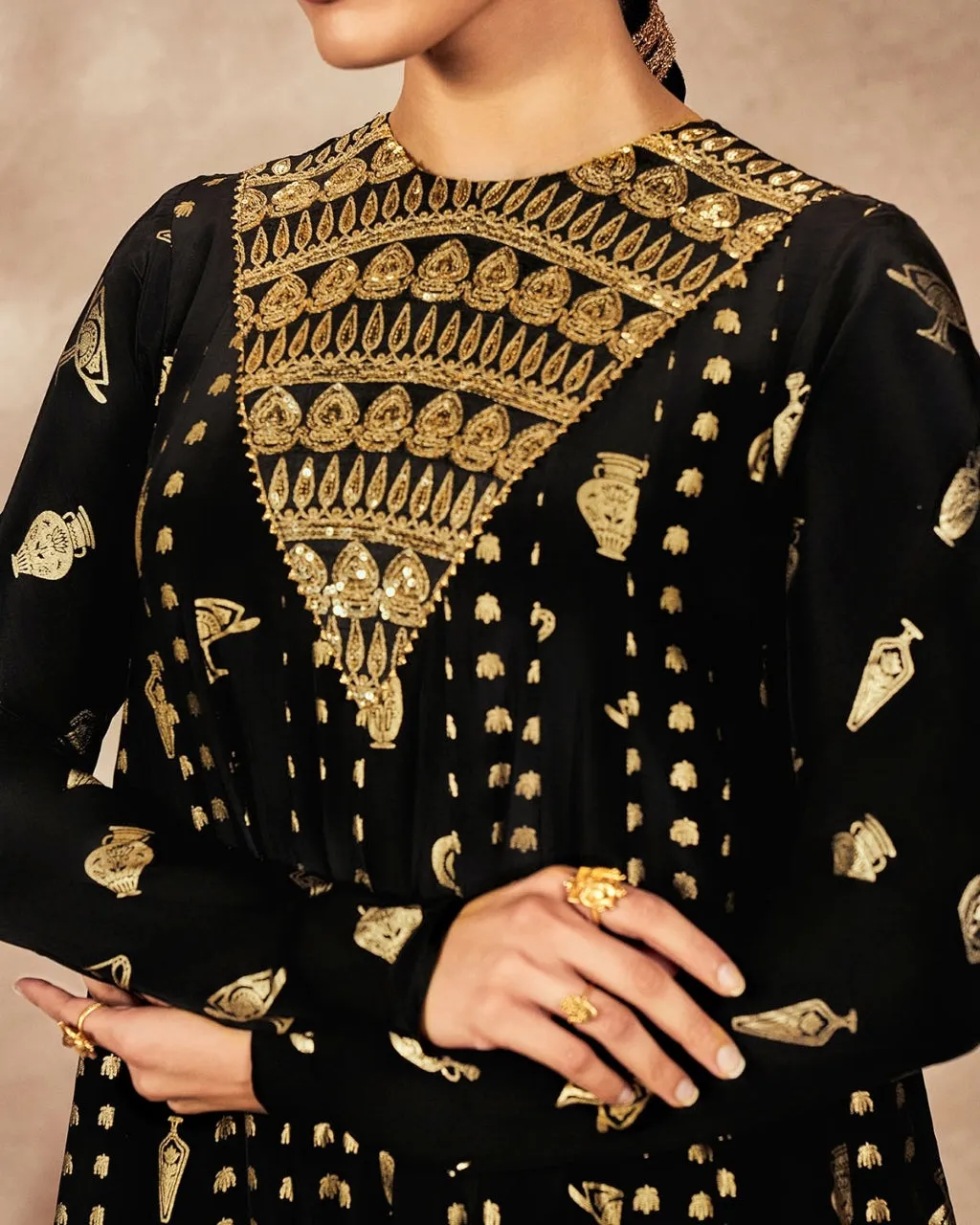 Black Gold Potters Touch Anarkali Set