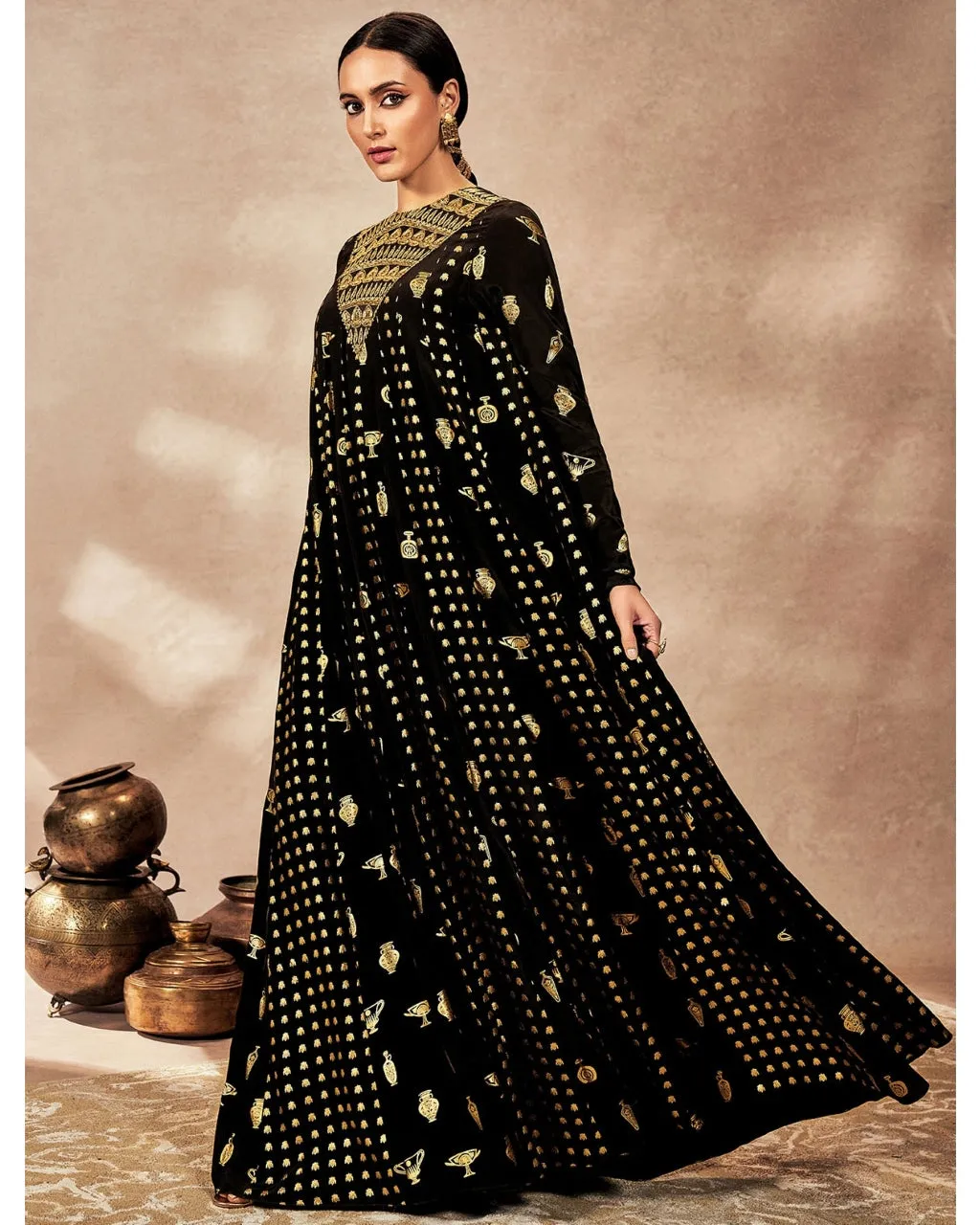 Black Gold Potters Touch Anarkali Set