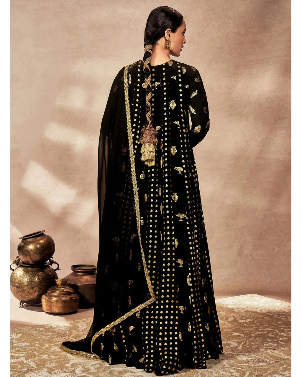 Black Gold Potters Touch Anarkali Set