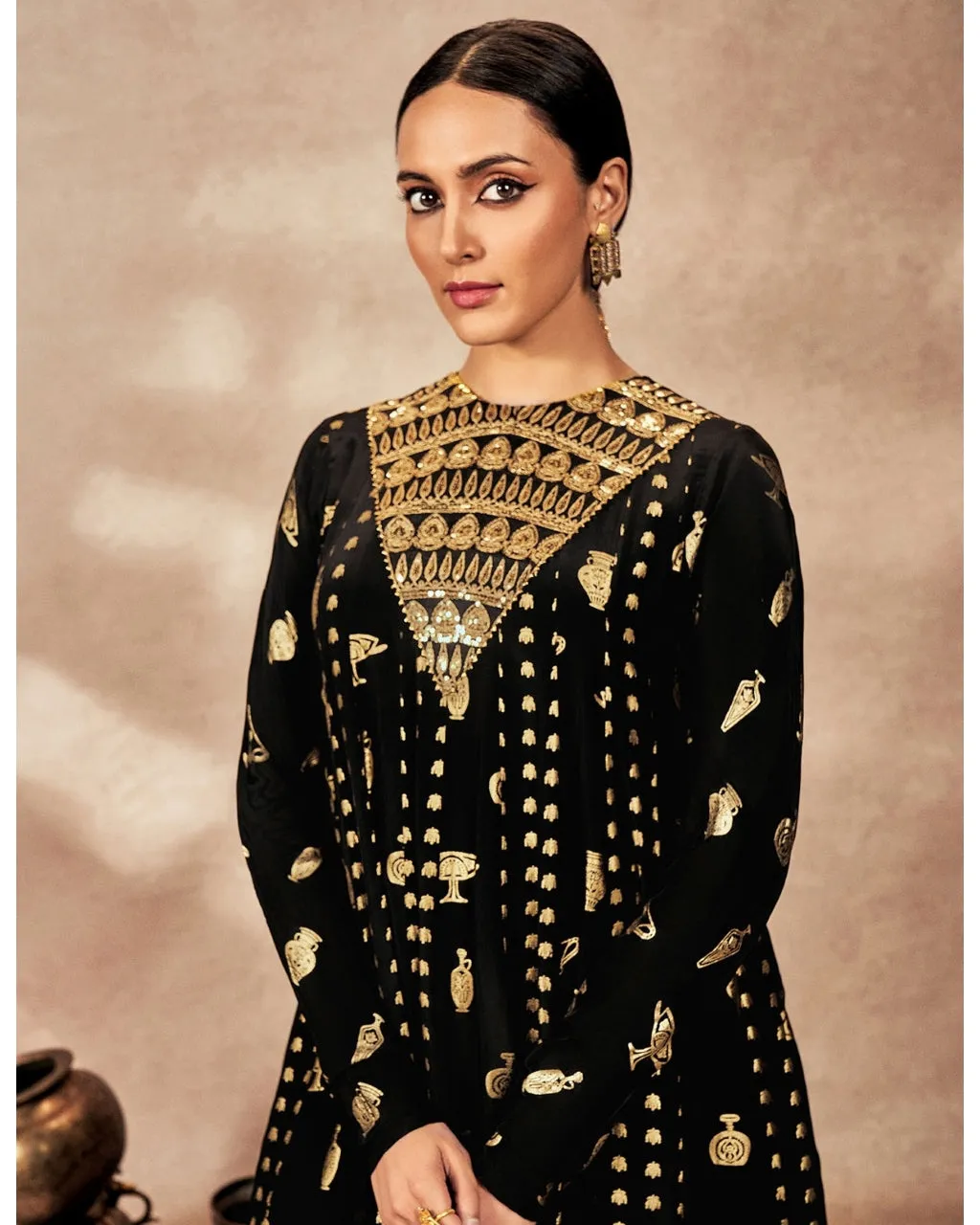 Black Gold Potters Touch Anarkali Set