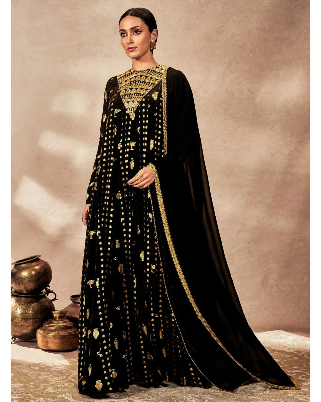 Black Gold Potters Touch Anarkali Set