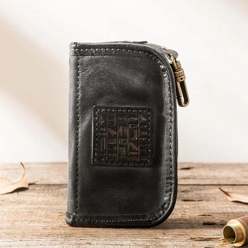 Black Handmade Leather Mens Small Car Key Wallet Dark Brown Key Holder Coin Purse Card Holder For Men