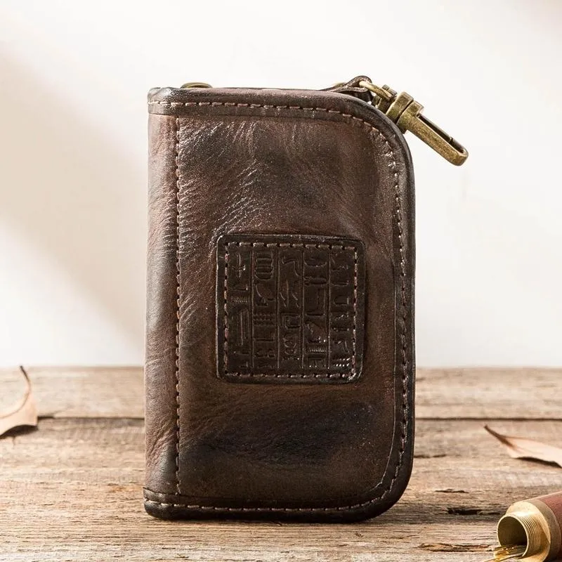 Black Handmade Leather Mens Small Car Key Wallet Dark Brown Key Holder Coin Purse Card Holder For Men