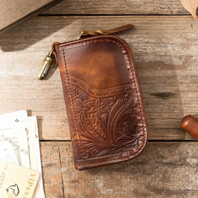 Black Handmade Leather Mens Small Car Key Wallet Dark Brown Key Holder Coin Purse Card Holder For Men