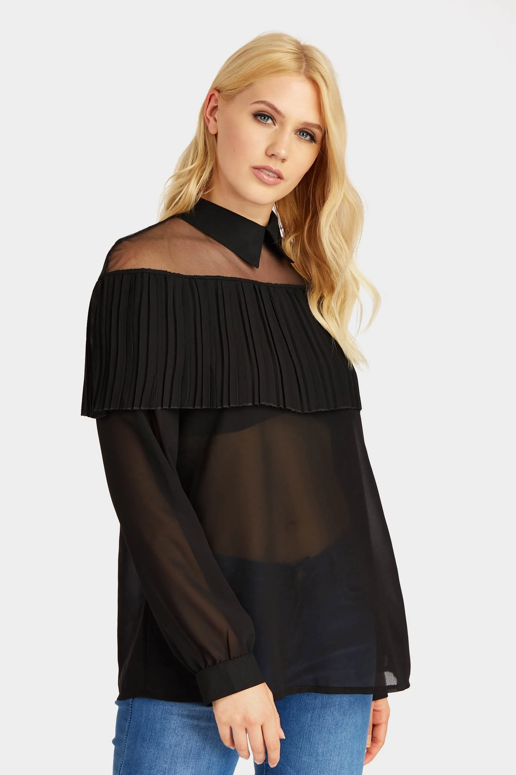 Black Mesh Blouse With Ruffle Front