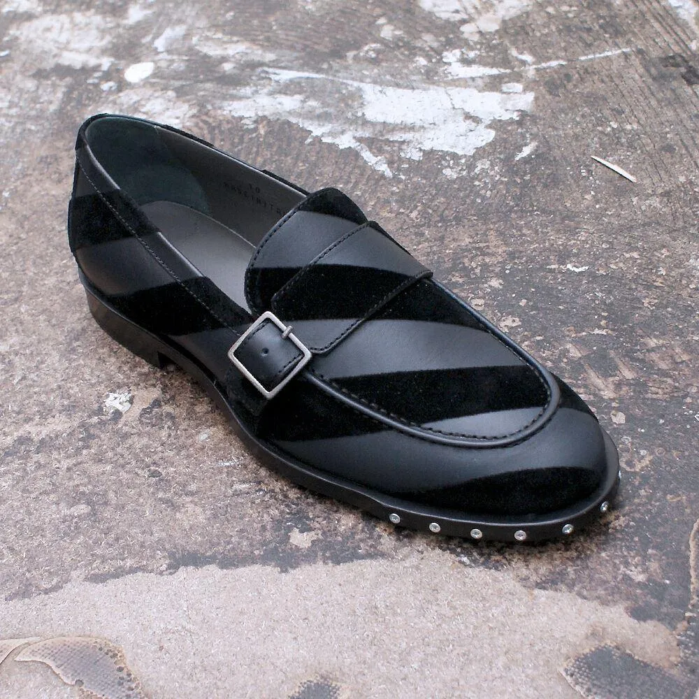 Black Velvet Strap Buckle Leather Shoes