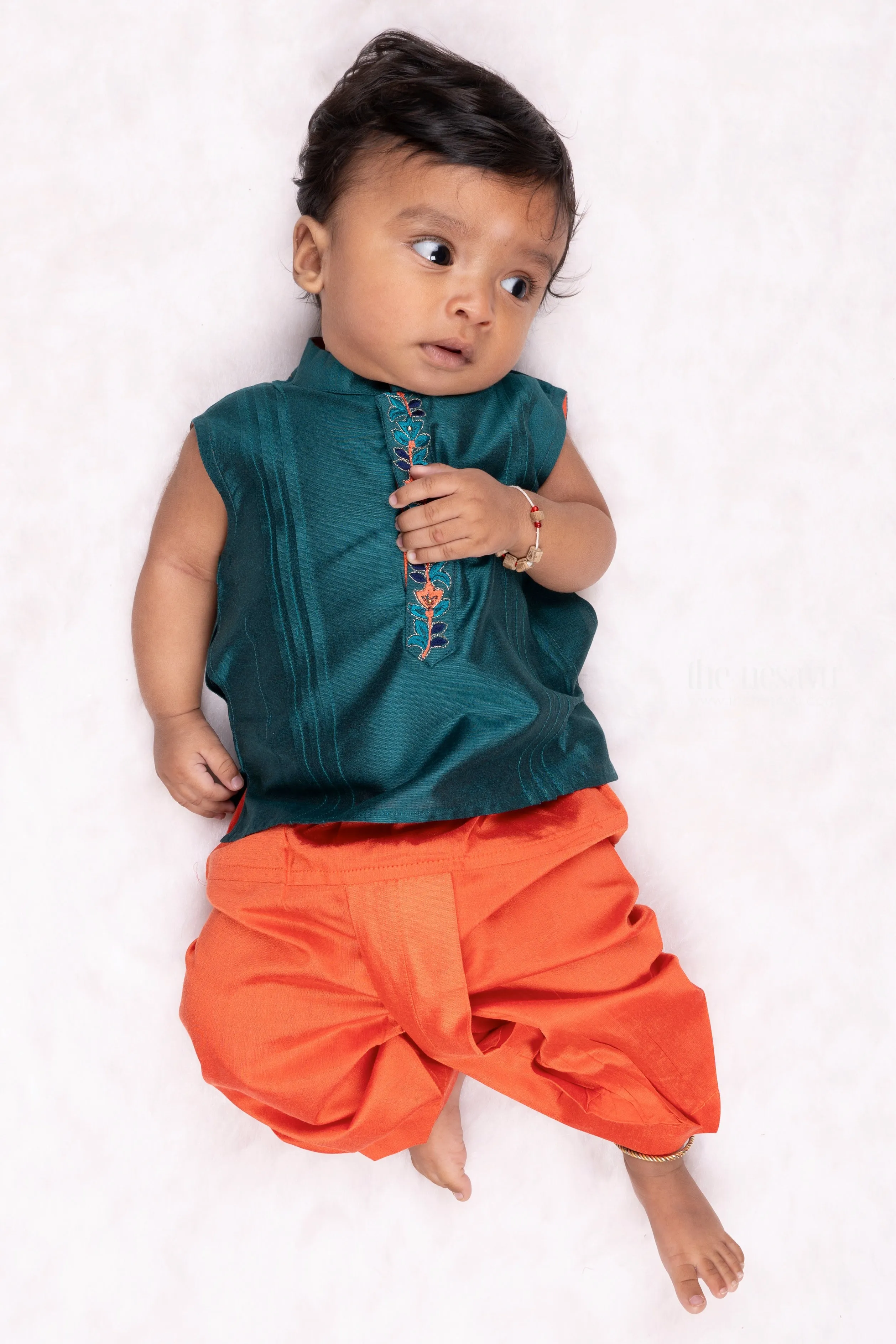 Blue Bloom: Elegant Floral Embroidered Dupion Shirt & Pink Dhoti Ensemble for Boys