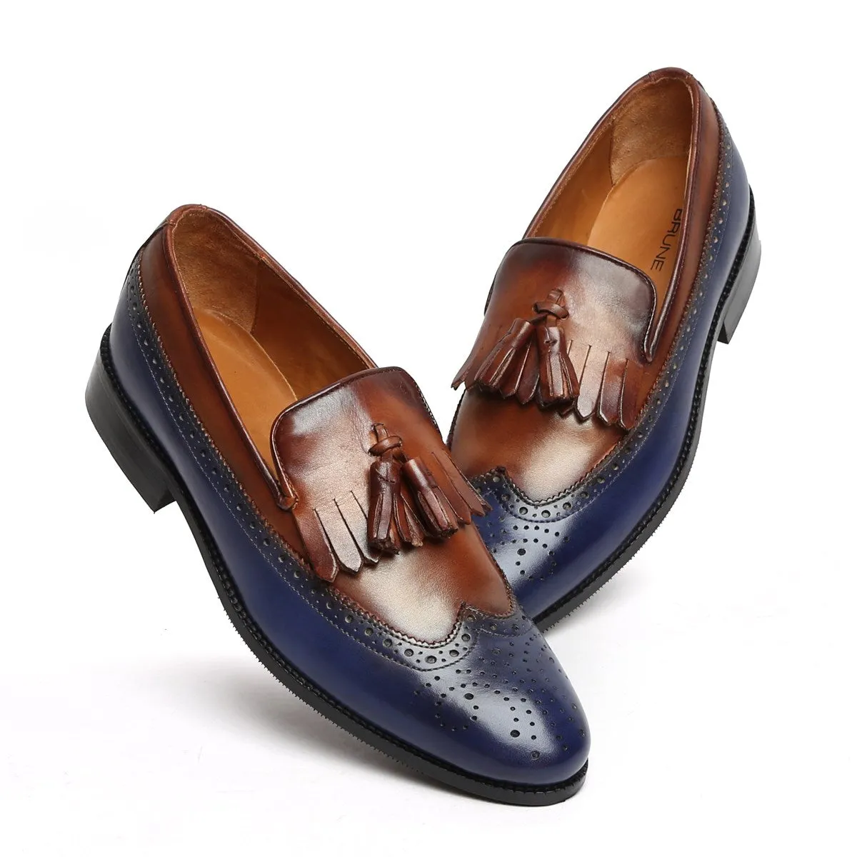 Blue/Brown Leather Formal Slip-On With Tassel And Fringes By Brune & Bareskin