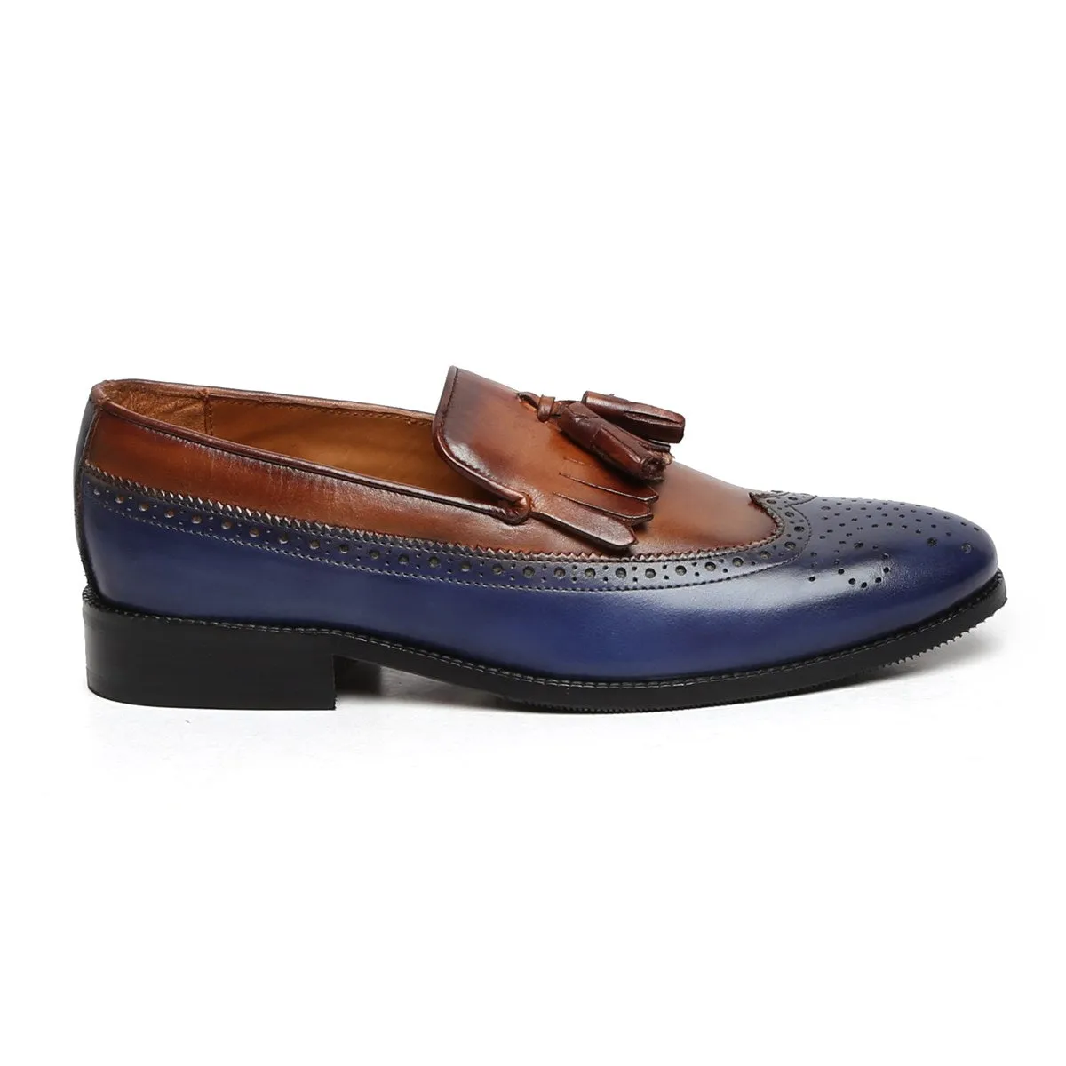 Blue/Brown Leather Formal Slip-On With Tassel And Fringes By Brune & Bareskin