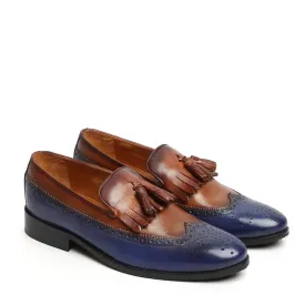 Blue/Brown Leather Formal Slip-On With Tassel And Fringes By Brune & Bareskin