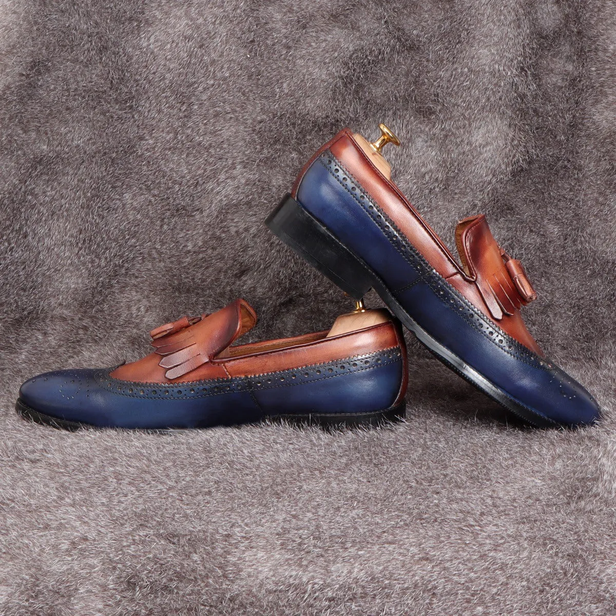 Blue/Brown Leather Formal Slip-On With Tassel And Fringes By Brune & Bareskin