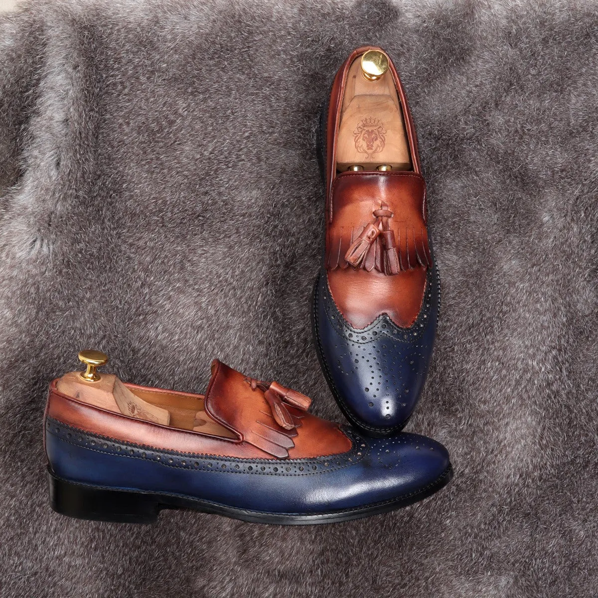 Blue/Brown Leather Formal Slip-On With Tassel And Fringes By Brune & Bareskin