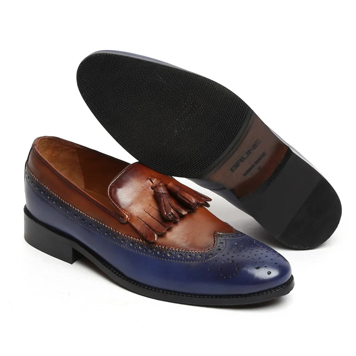 Blue/Brown Leather Formal Slip-On With Tassel And Fringes By Brune & Bareskin