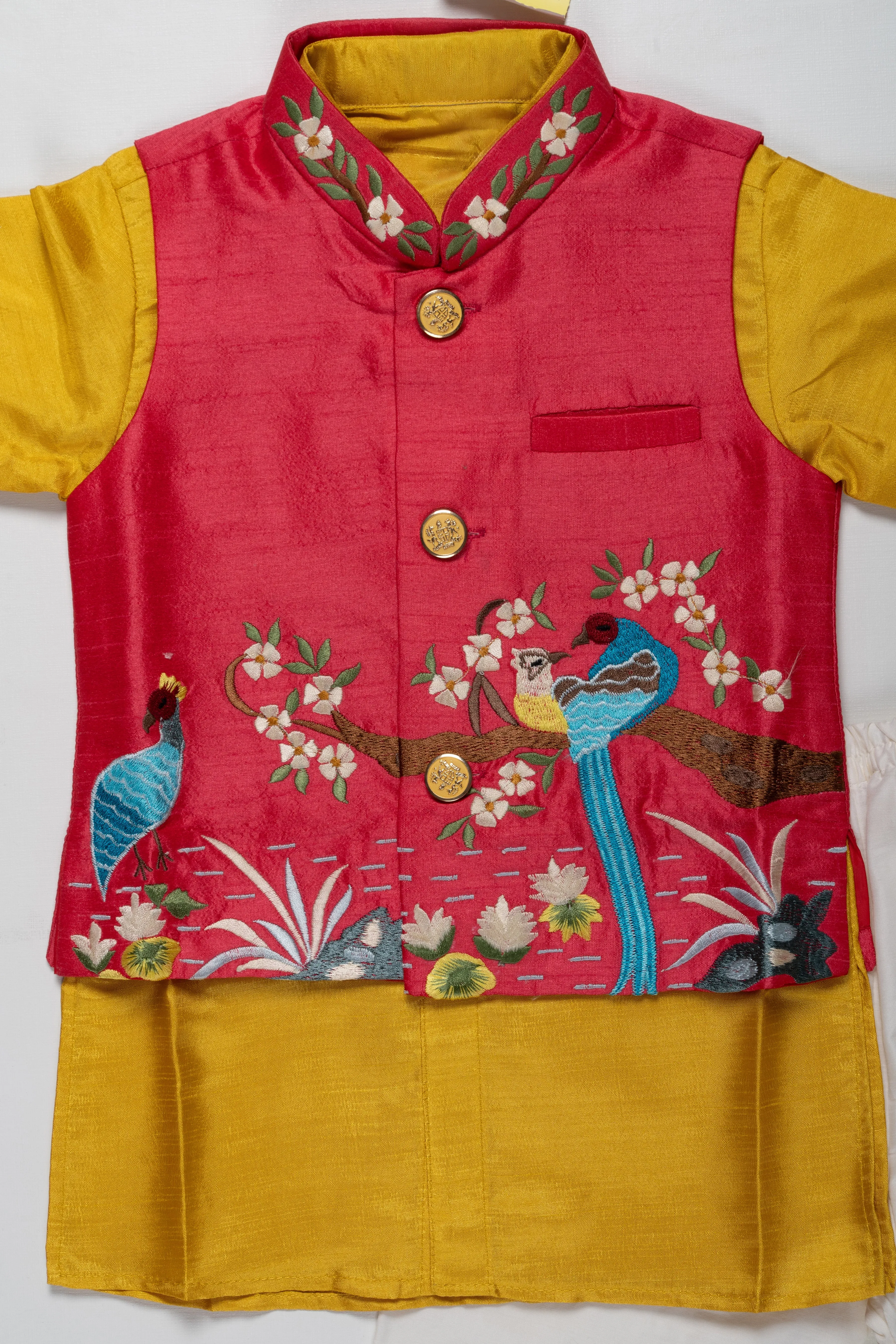 Boys Festive Peacock Embroidered Jacket With Kurta and Pant Set - Regal Pink and Yellow For Haldi Event