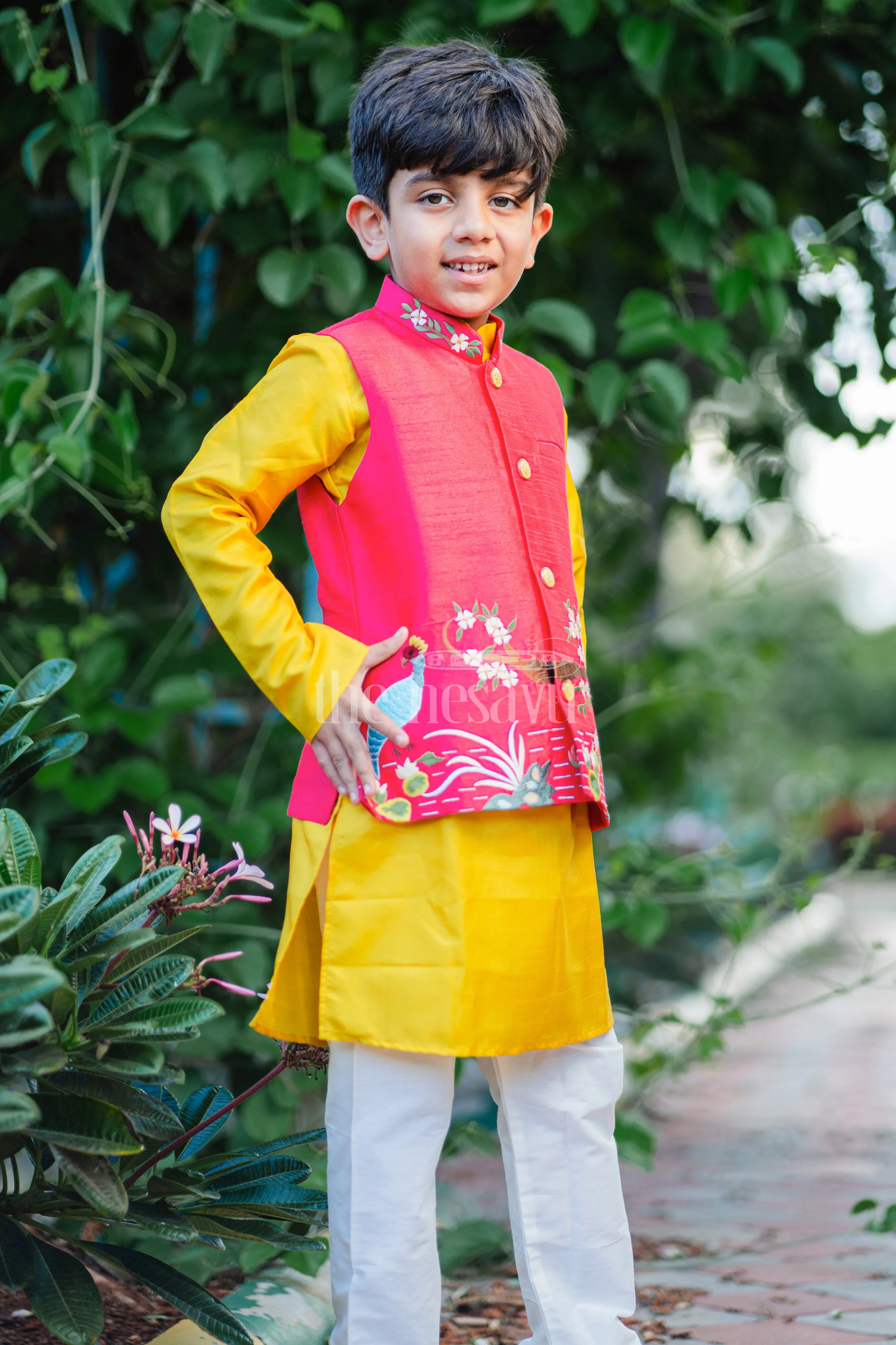 Boys Festive Peacock Embroidered Jacket With Kurta and Pant Set - Regal Pink and Yellow For Haldi Event