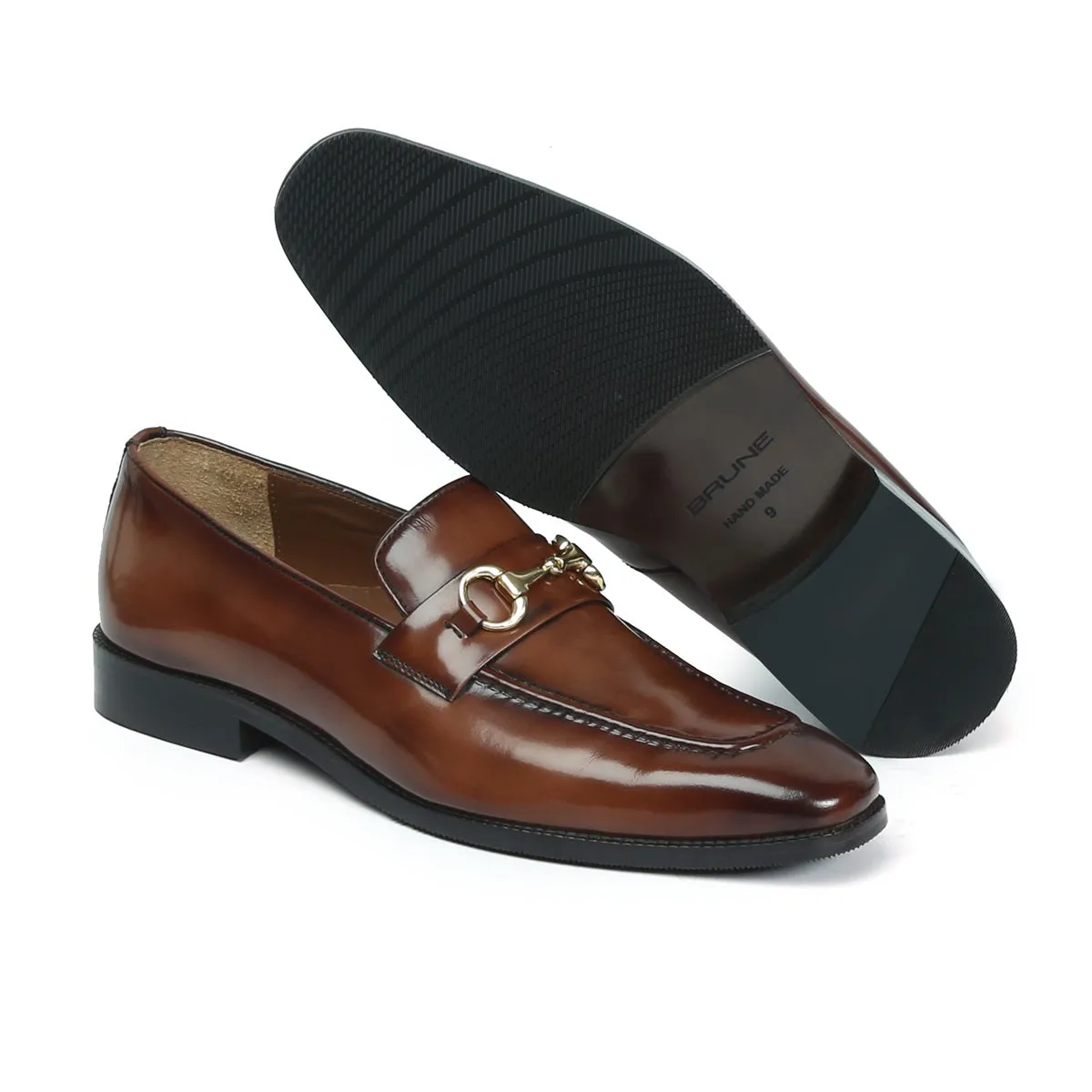 Brown Brush Off Leather Penny Loafers With Horse-bit Buckle