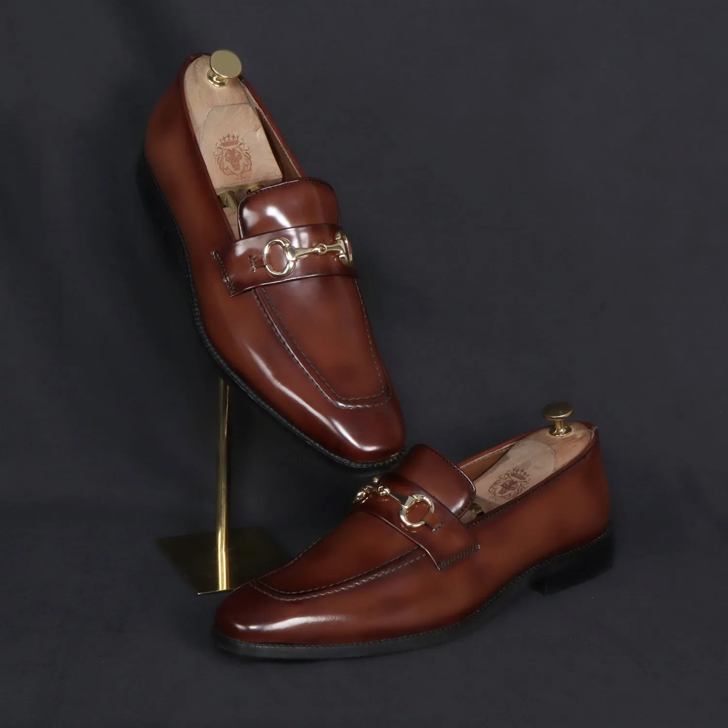 Brown Brush Off Leather Penny Loafers With Horse-bit Buckle