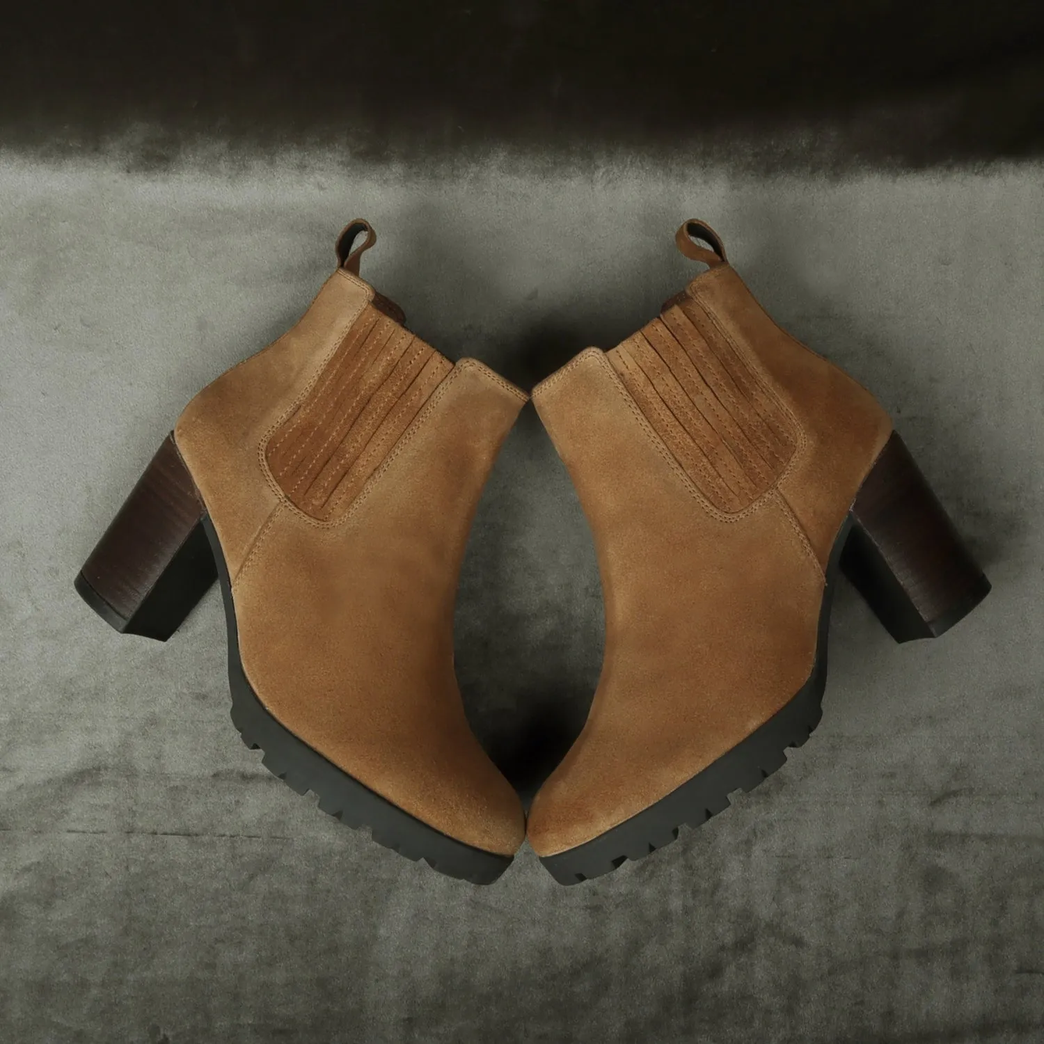 Brown Suede Stitched Leather Elastic Ladies Blocked Heel Boots By Brune & Bareskin