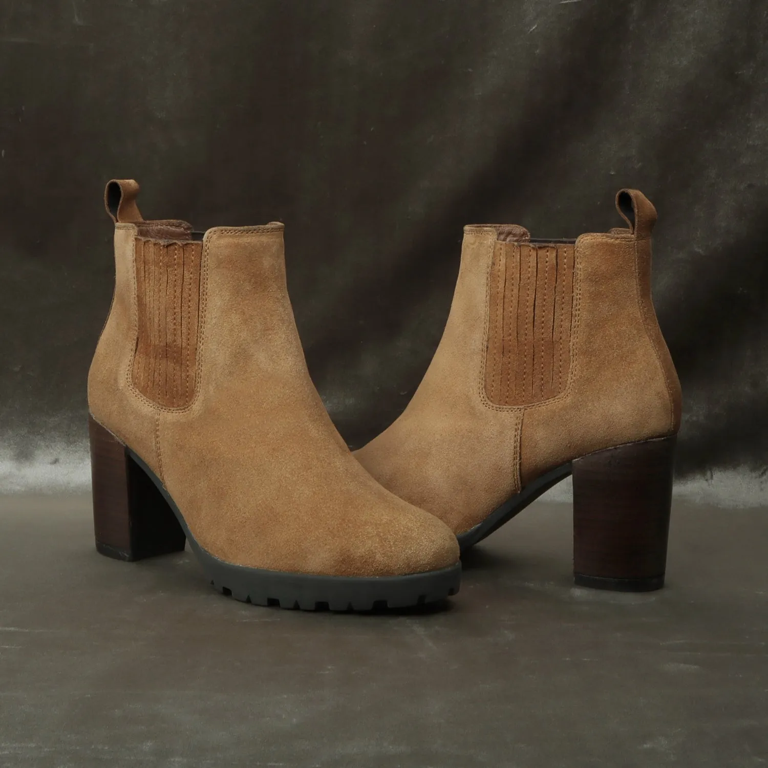 Brown Suede Stitched Leather Elastic Ladies Blocked Heel Boots By Brune & Bareskin