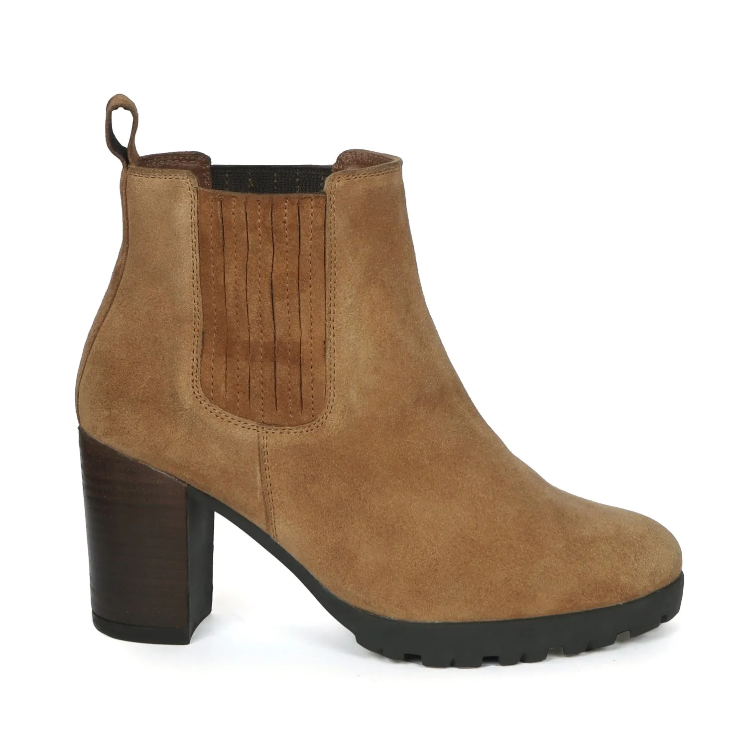 Brown Suede Stitched Leather Elastic Ladies Blocked Heel Boots By Brune & Bareskin