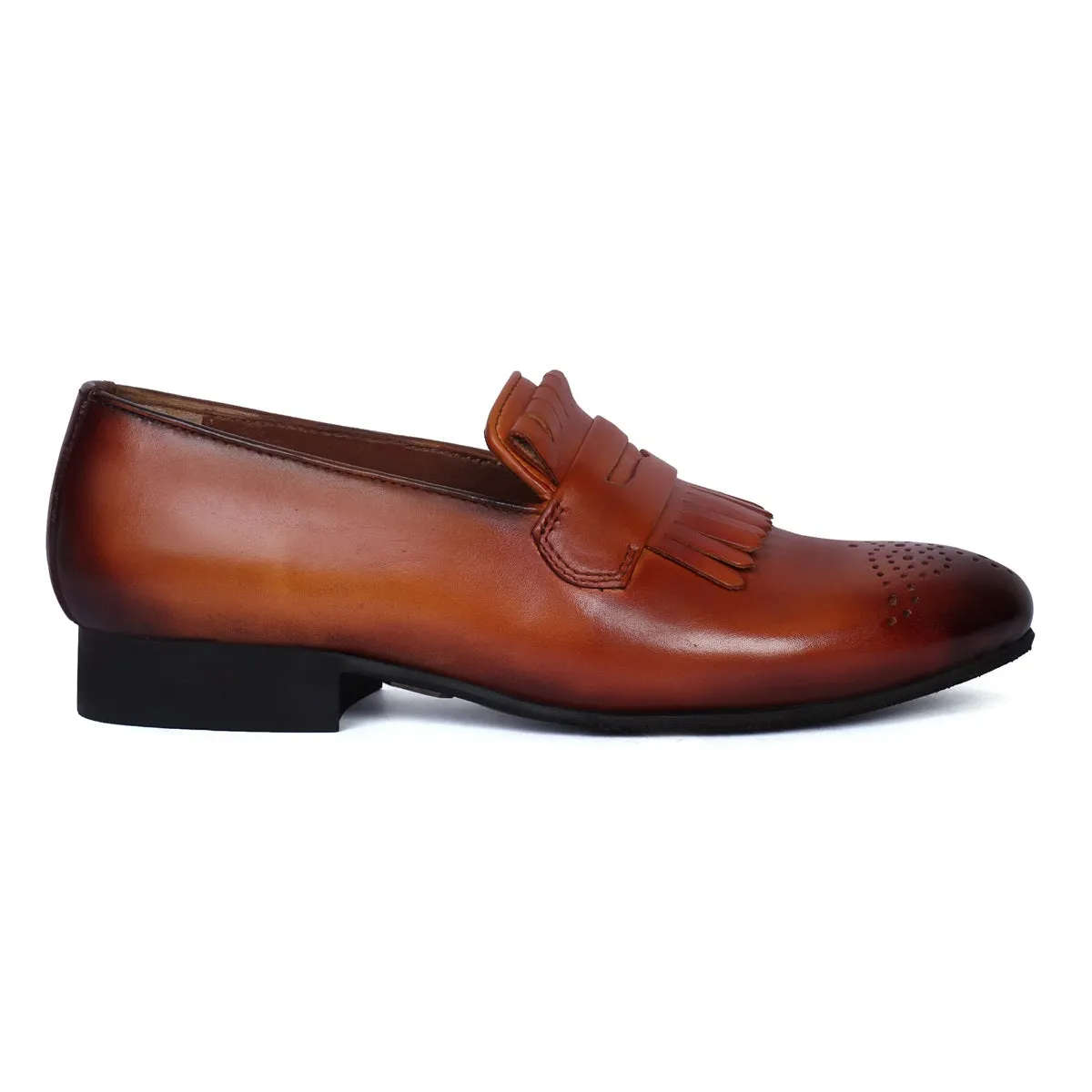 Burnished Slip-On Darker Tan Apron Toe Leather Fringes