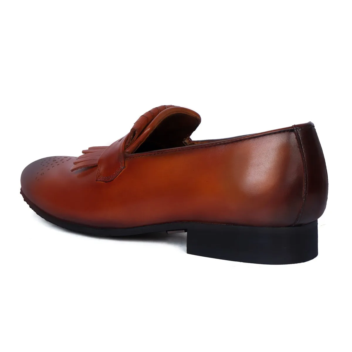 Burnished Slip-On Darker Tan Apron Toe Leather Fringes