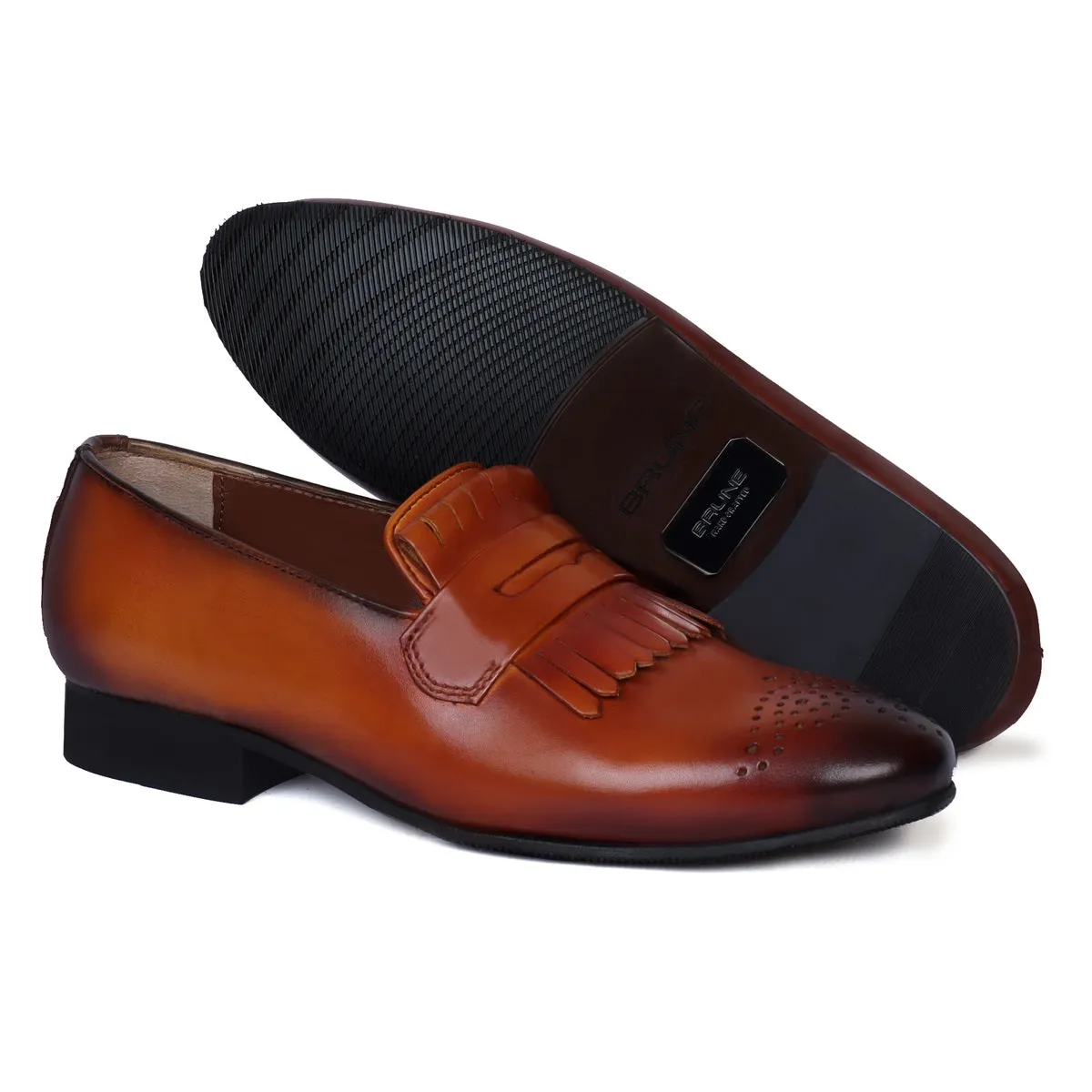 Burnished Slip-On Darker Tan Apron Toe Leather Fringes