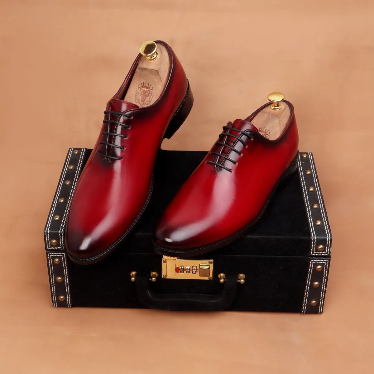 Burnished Wine Hand Painted Whole Cut/One-Piece Oxford Leather Shoes For Men By Brune & Bareskin