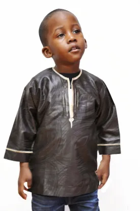 Coffee-Brown Brocade Dashiki for Children with Beige Embroidery