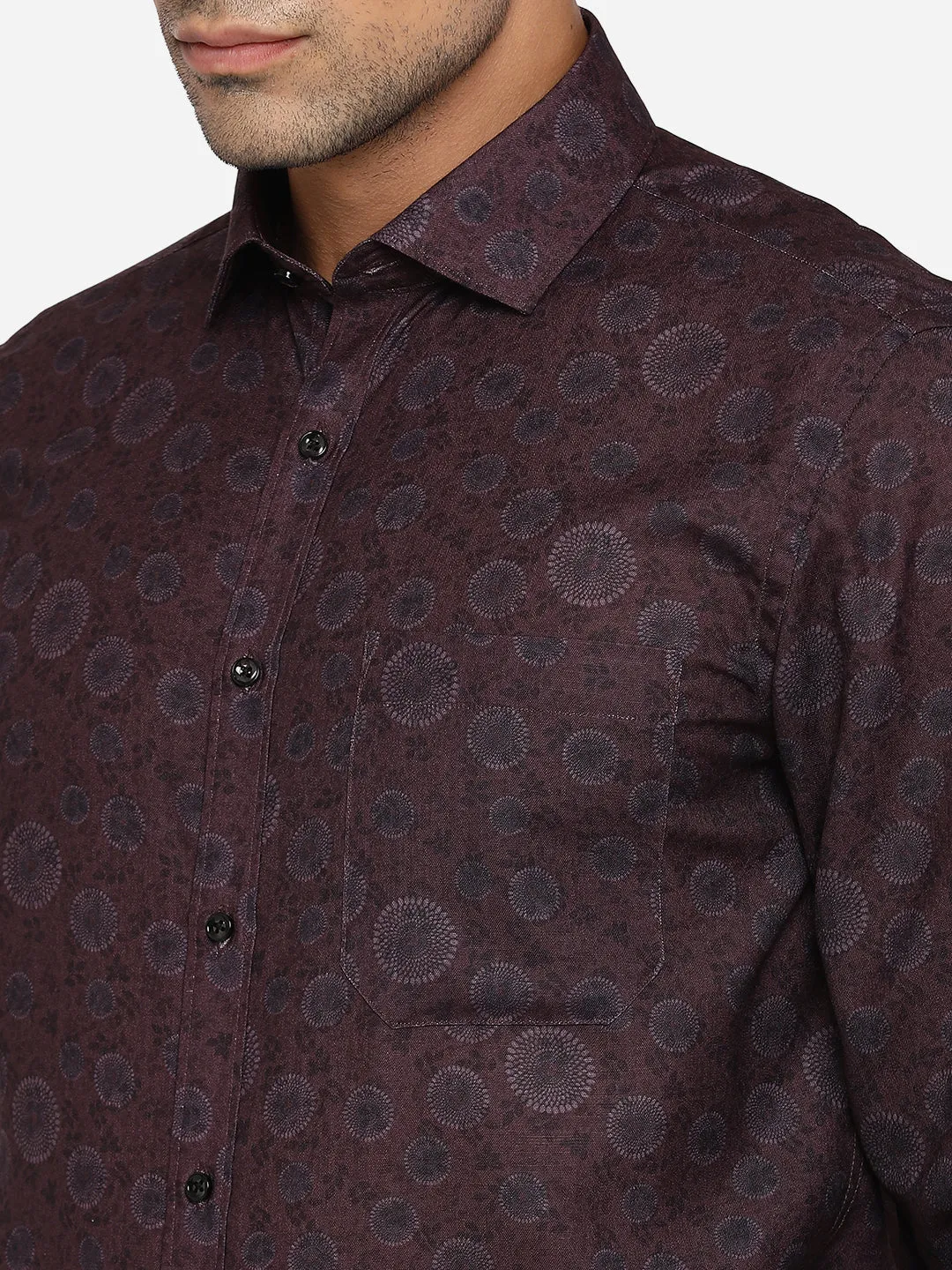 Coffee Brown Printed Slim Fit Party Wear Shirt | Greenfibre