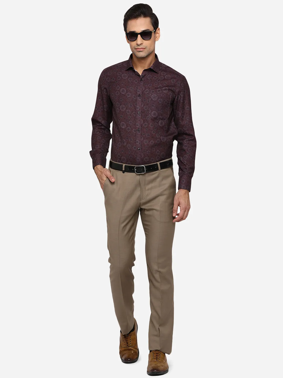 Coffee Brown Printed Slim Fit Party Wear Shirt | Greenfibre