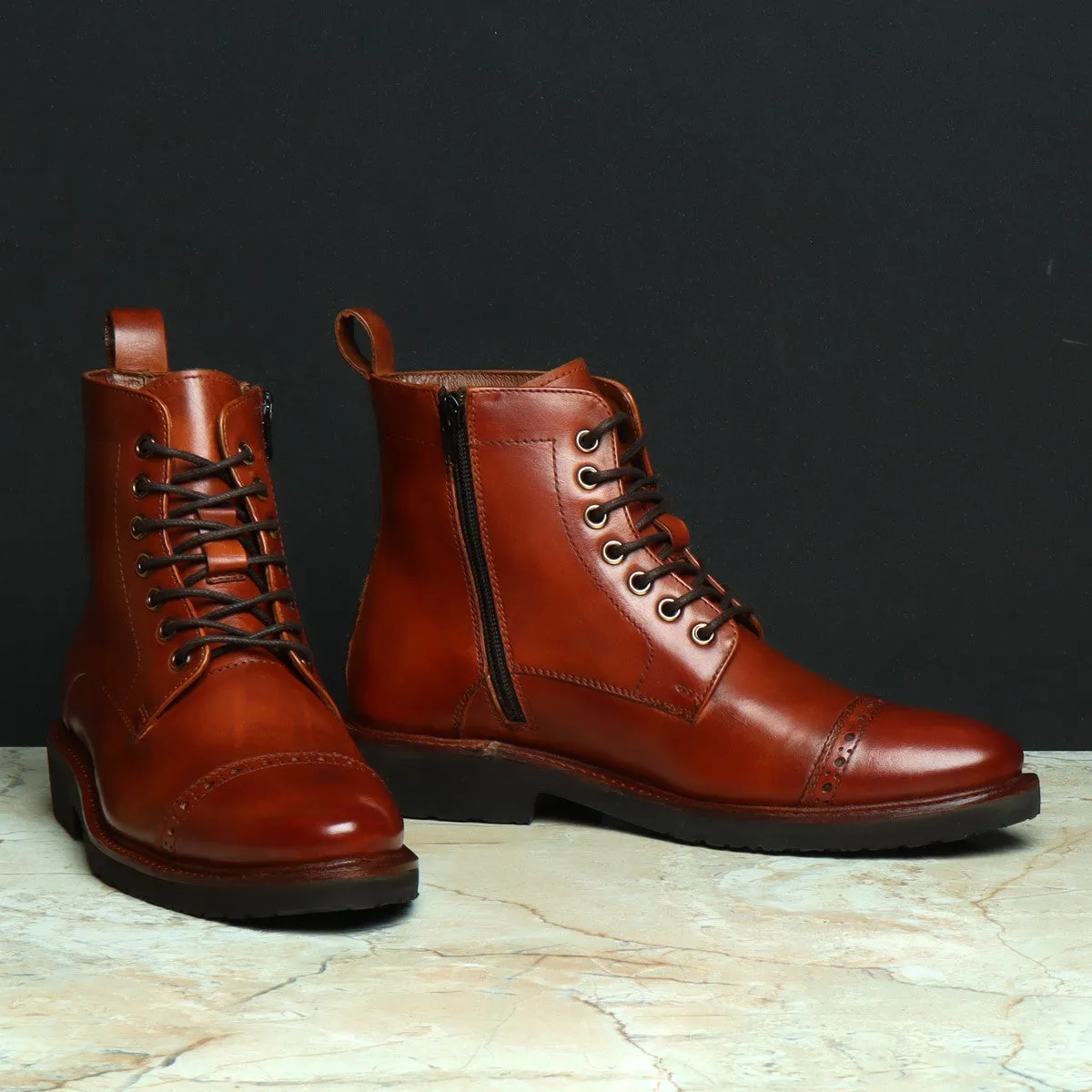 Cognac Leather Brogue Cap Toe Light Weight Boots by Brune & Bareskin