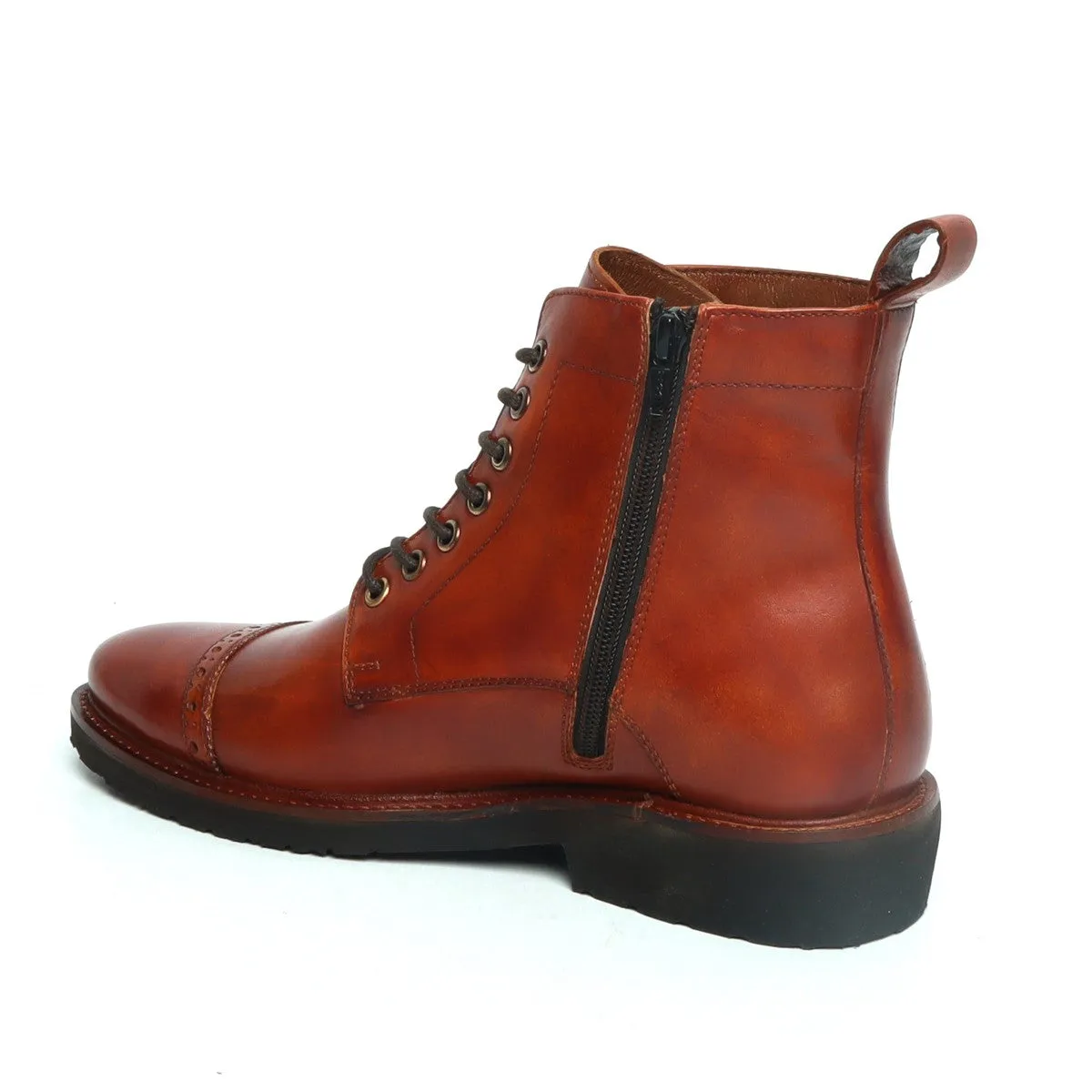 Cognac Leather Brogue Cap Toe Light Weight Boots by Brune & Bareskin