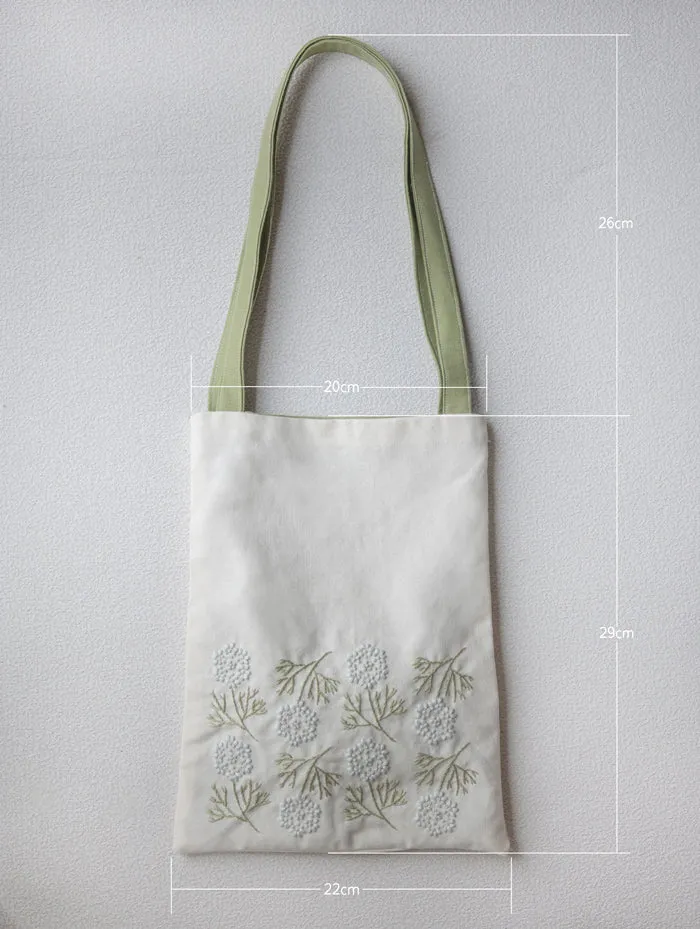 Custom Embroidered Tote Bag, Ivory Cotton-Linen with Mint Green Floral Design, Unique Handmade Gift for Her